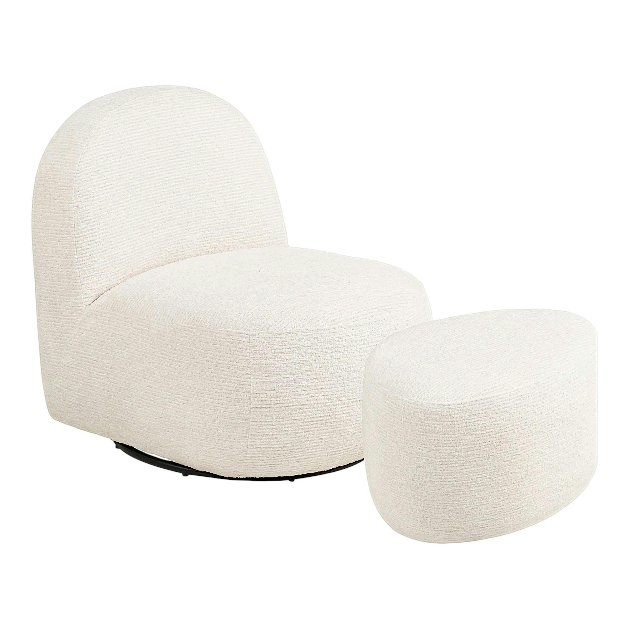 Fauteuil salon blanc pivotant et son pouf assorti BERLIN