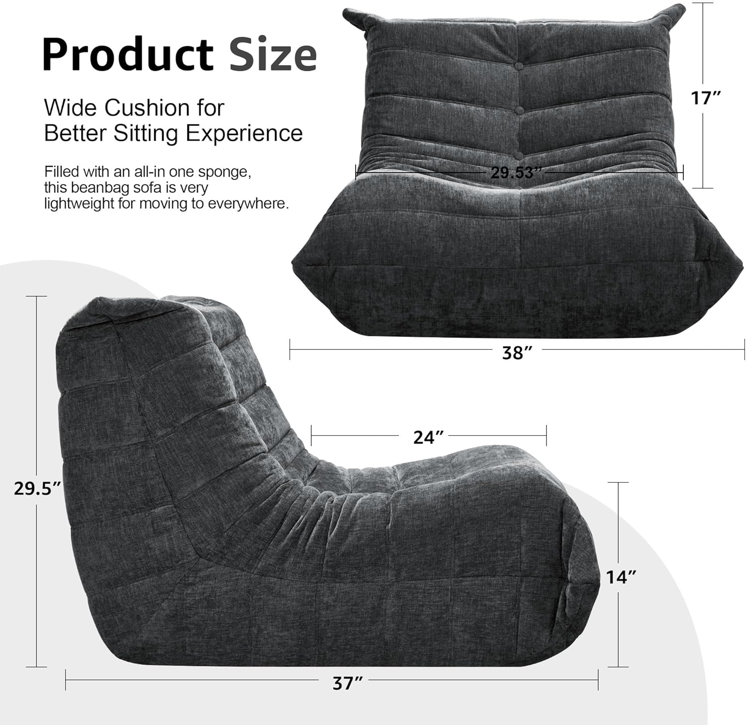 Bean Bag Chairs for Adults Giant Bean Bag Chair Memory Foam BeanBag Chair Bean Bag Sofa with Filler Faux Fur Fireside Beanbags Lazy Sofa for Living Room Bedroom Office (Darkgrey Chenille, Single)