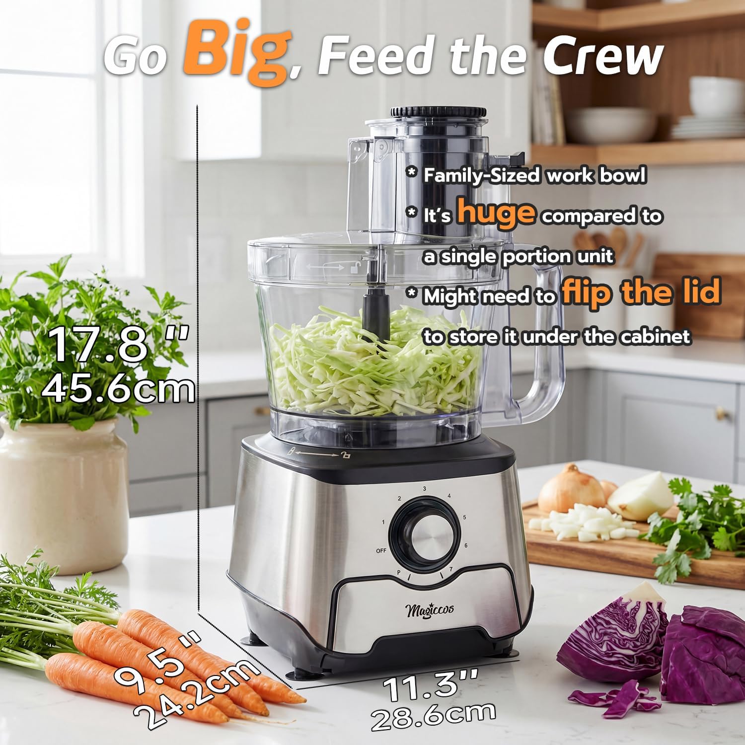 14-Cup French-Fry-Cutter Storage-Drawer Food-Processor - XL Bowl, Large Chute & Storage Drawer, Slicing & Shredding, Chopping & Mixing, For Cheese, Meat & Veggie Prep (Inox Silver)