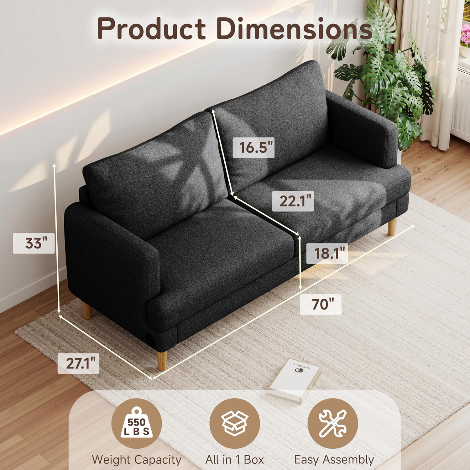 70 Modern Loveseat Sofa with USB Type-C Ports, Linen Fabric 2-Seater Deep Seat Couch, Cozy Small Couch Sofa for Living Room Bedroom Office Apartment (Black)