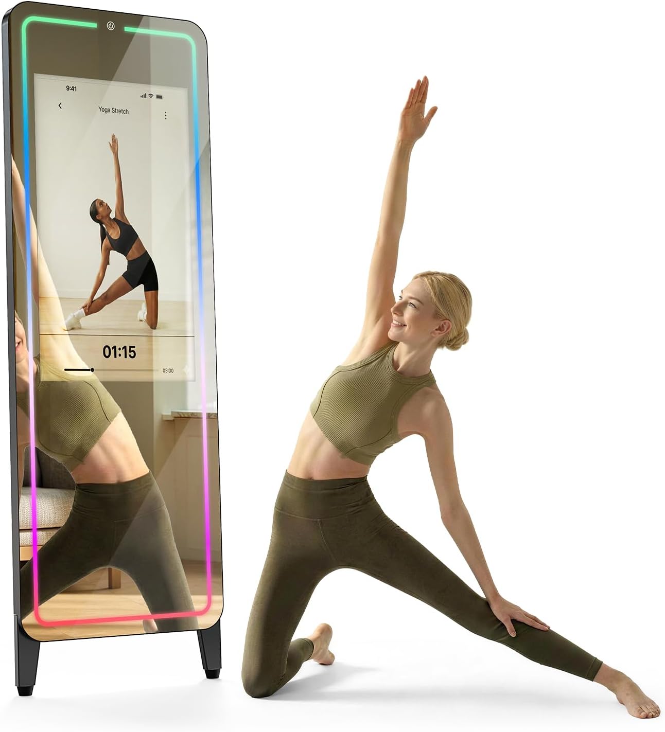 Smart Gym Mirror for Home Workouts, 32 HD Touchscreen with Android OS, 63 Full-Length Mirror, No Subscription Required, Fitness App Support, Voice Control & Music Sync LED Light Strip