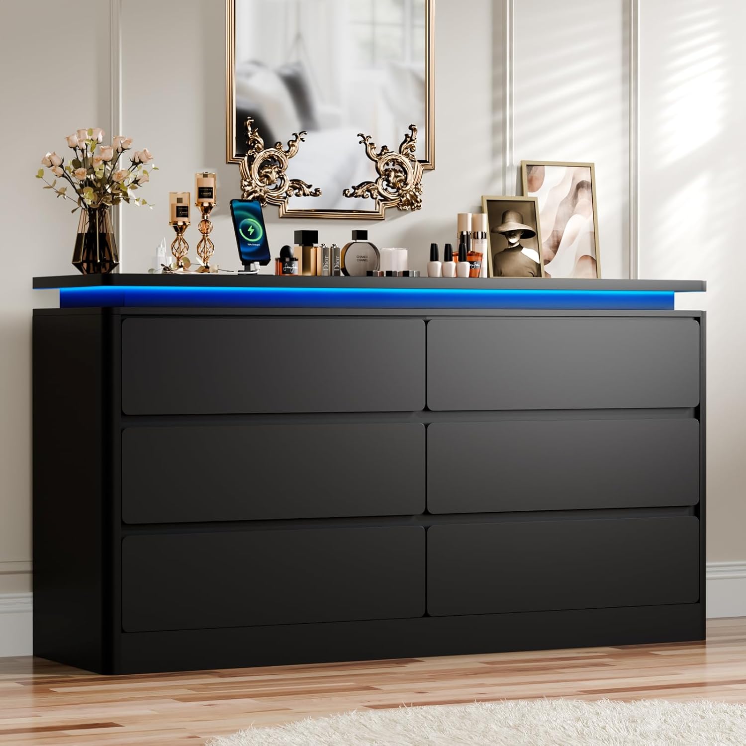 6 Drawer Dresser for Bedroom, 47.2 Long Black Chest of Drawers with Charging Station & LED Lights,Curved Profile Design,Double Wooden Closet Storage Cabinet,Modern Dresser TV Stand with Deep Drawers