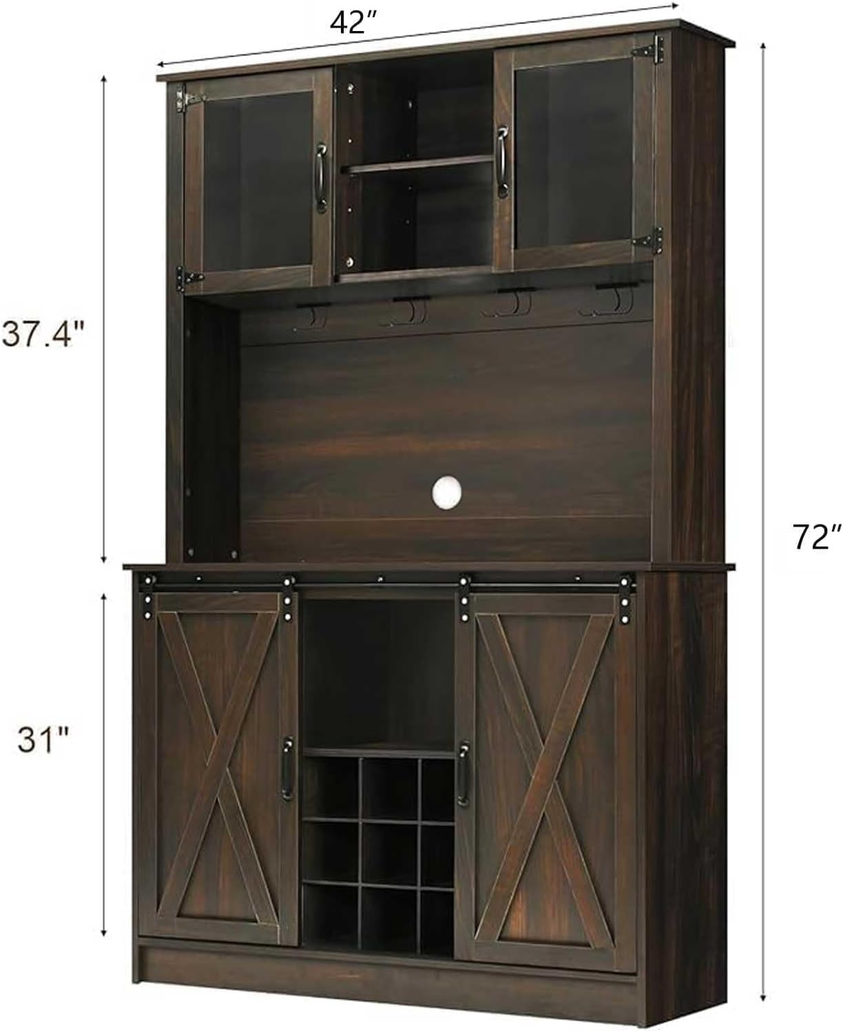 4ever2buy 72 Farmhouse Coffee Bar Cabinet with 2 Glass Doors & 9 Wine Racks, Tall Hutch Cabinet with Storage, Wine Bar with 4 Row Metal Glass Holder, Dark Oak