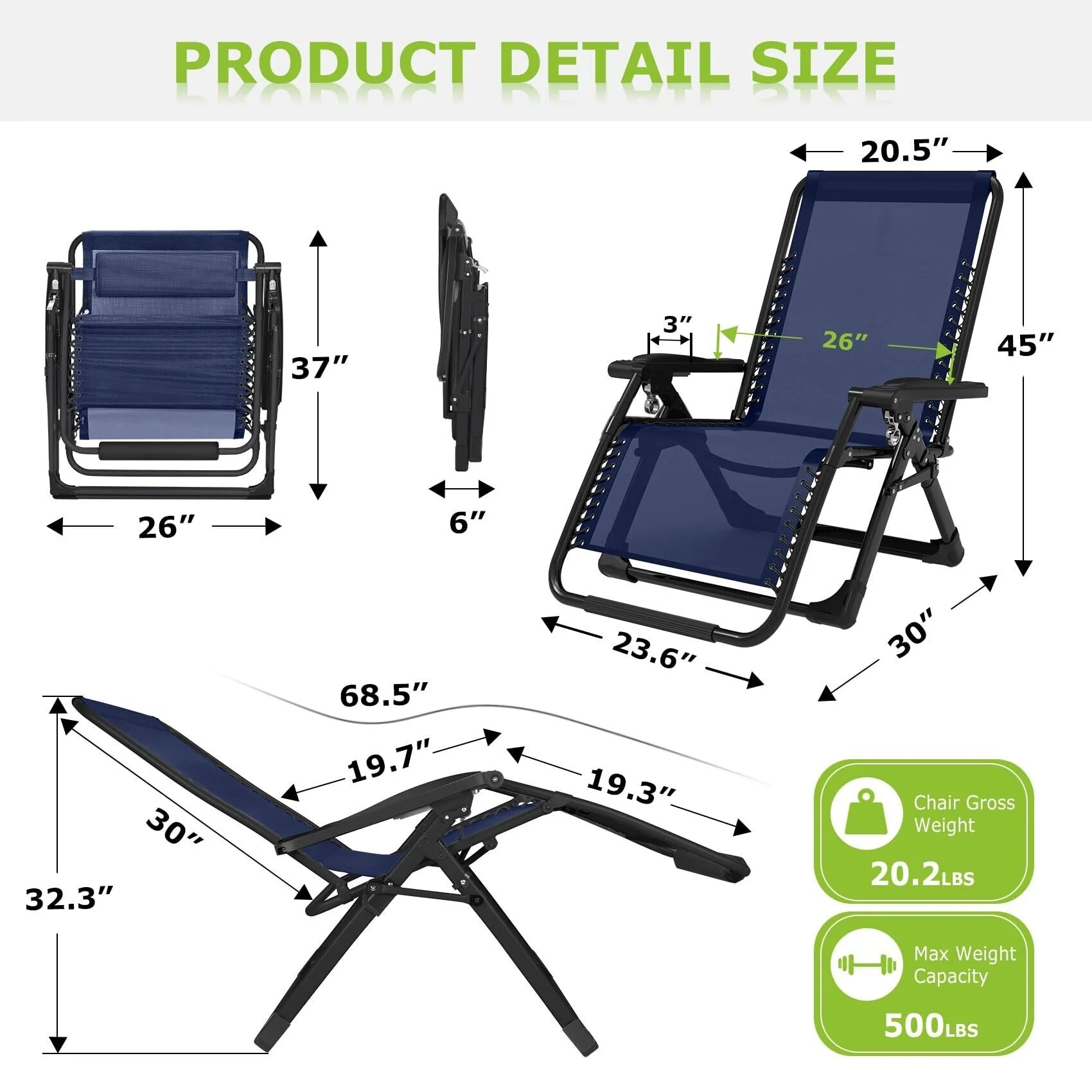Blue Outdoor Patio Zero Gravity Chair 26In Reclining Camping Lounge Chair with Removable Cushion