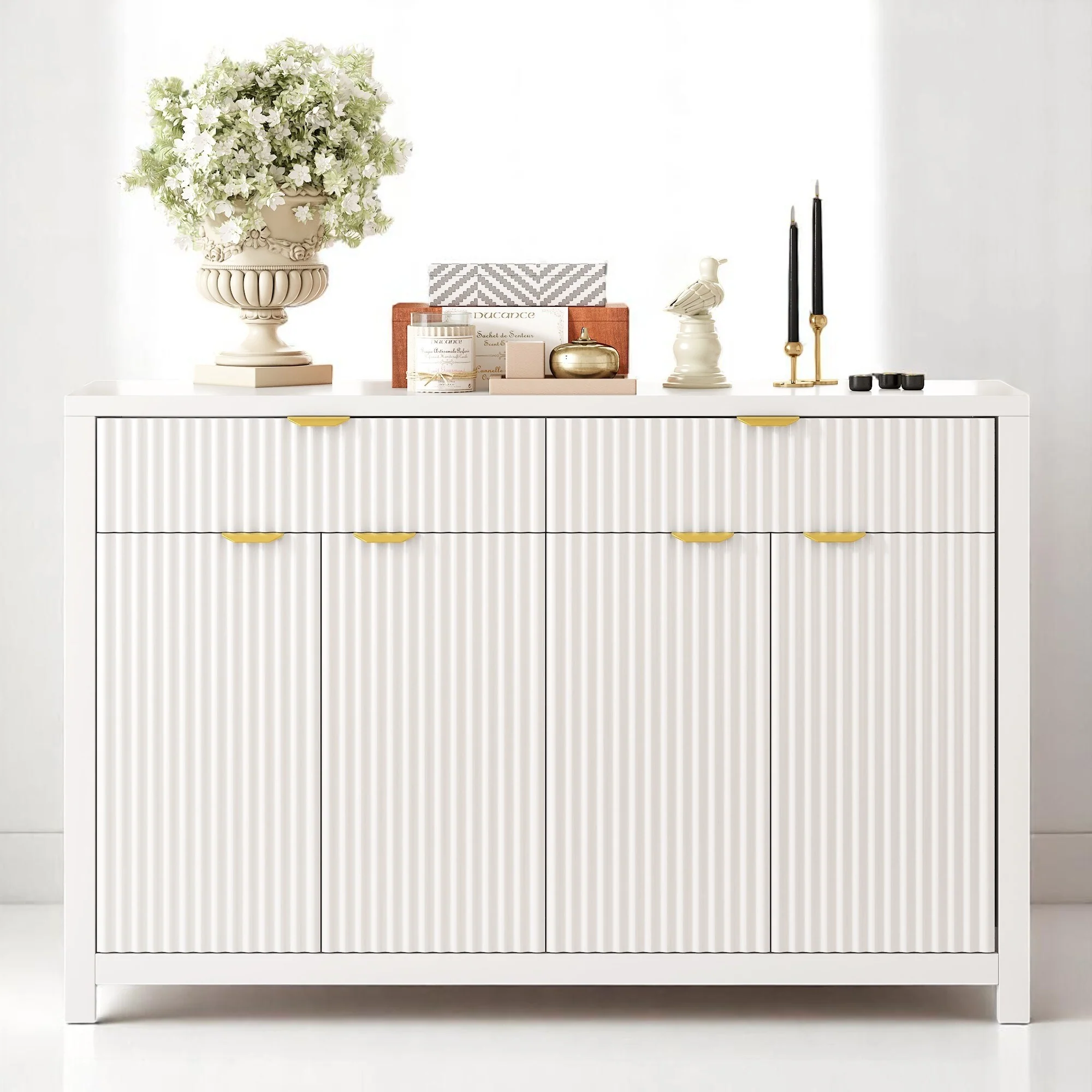Wave-Grain Sideboard Buffet Cabinet with Drawers and Adjustable Shelves, 55in Console Table with Aluminum Handles