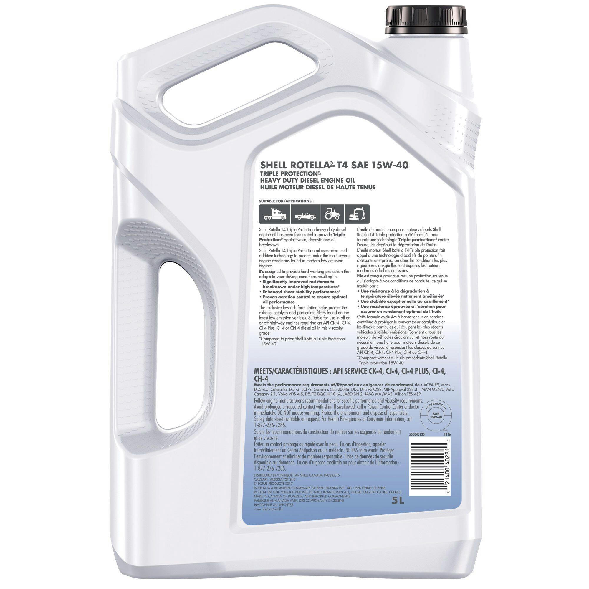Shell Rotella® T4 Triple Protection® 15W40 Heavy-Duty Conventional Diesel Engine/Motor Oil, 5-L