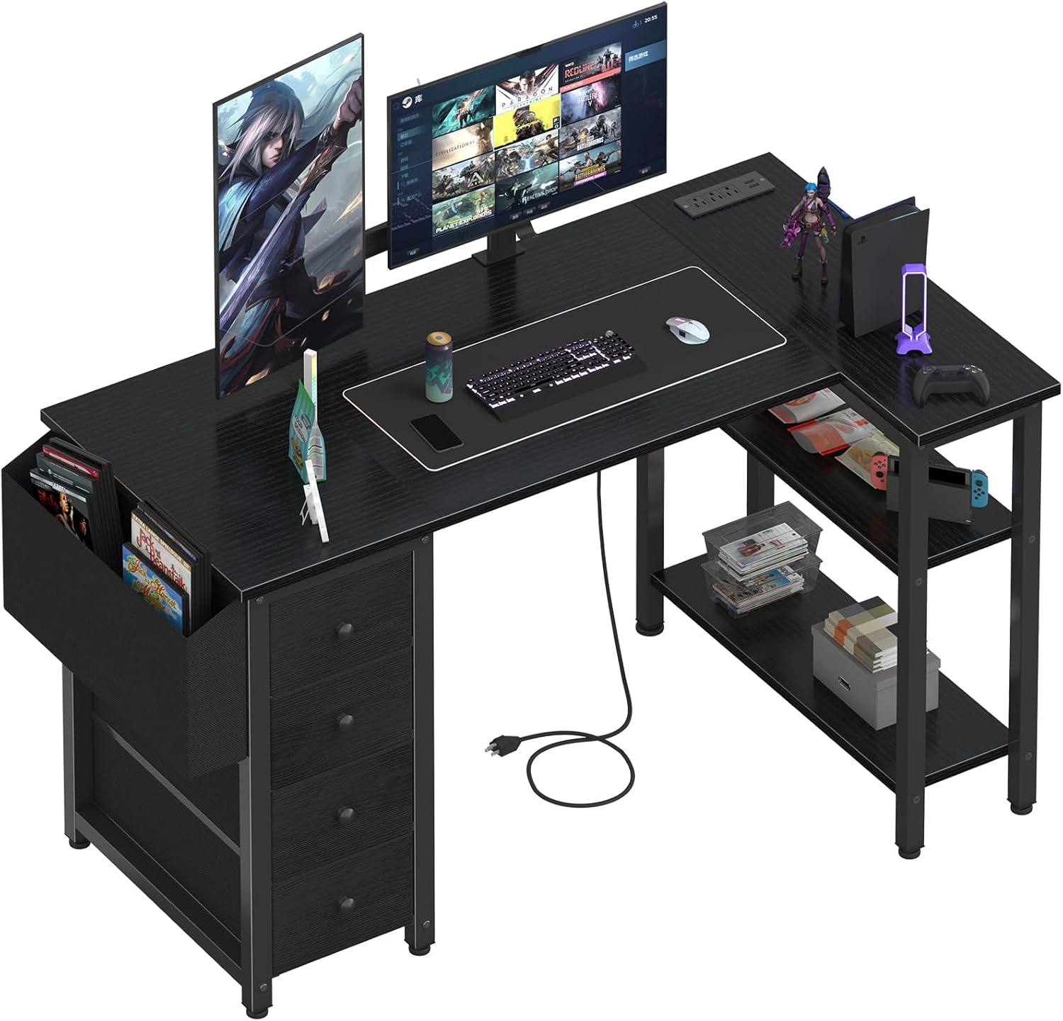 Lufeiya L Shaped Gaming Desk with Power Outlet, 47 Inch Reversible Corner Computer Desk with Drawers & Storage Shelves for Home Office Bedroom, L-Shaped Teen PC Desks with Fabric Drawer, Black