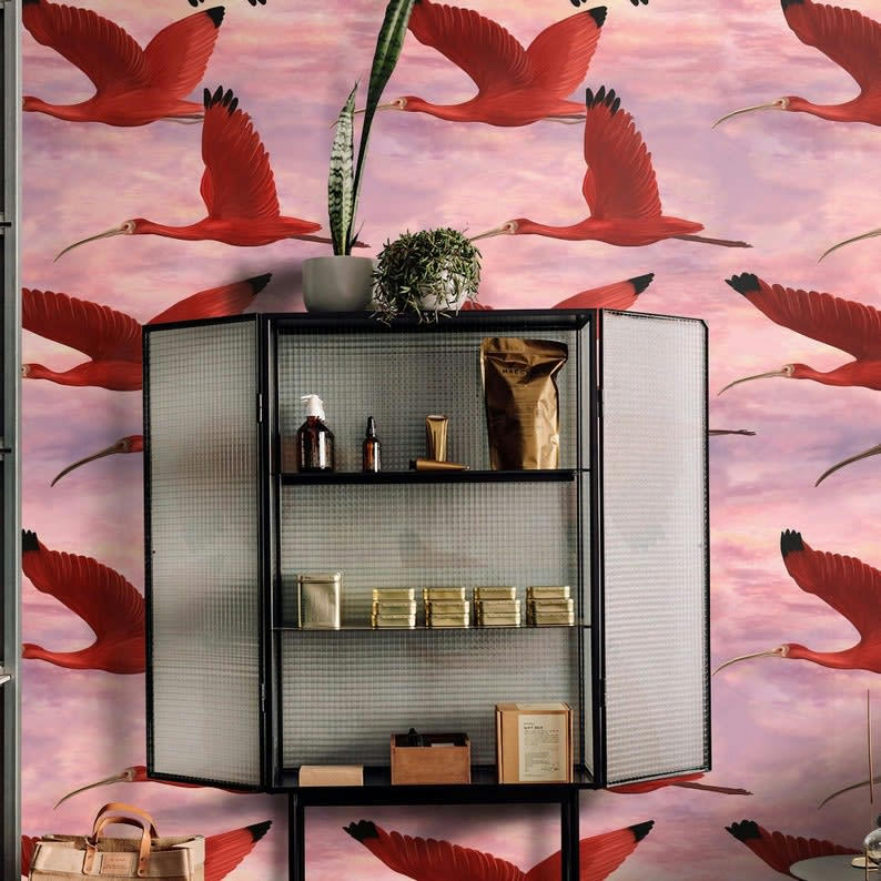 ANIMALI - Papier Peint Tropical Rose Oiseaux au Coucher du Soleil 250x200 cm