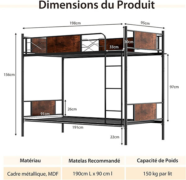Lit Superposé 90x190cm avec Echelle ou 2 Lits Simples Détachables Style Tendance Enfant Adulte Chambre