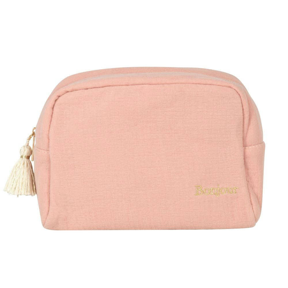 ESSENTIELLE - Trousse en gaze de coton rose et pompon 24x17