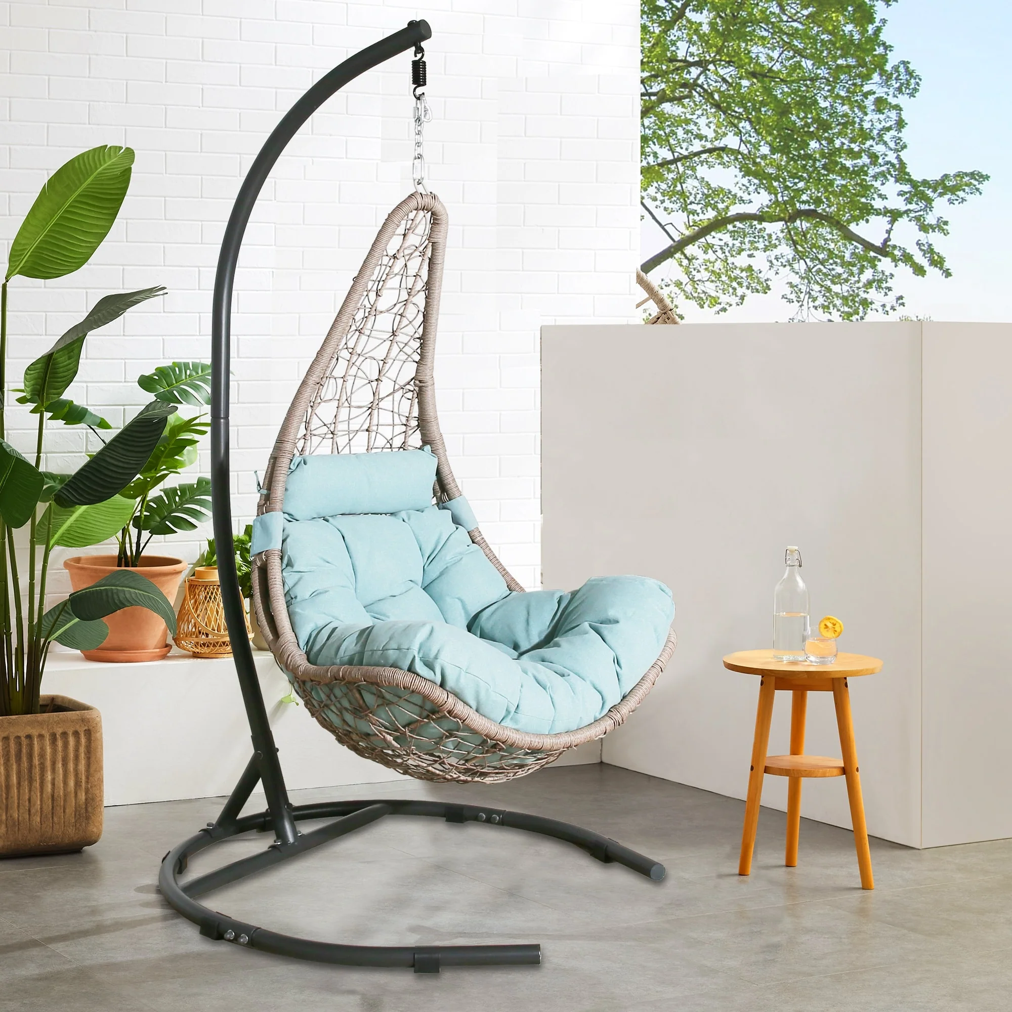 Outdoor Wicker Hanging Basket Chair Patio Hanging Chair with Stand