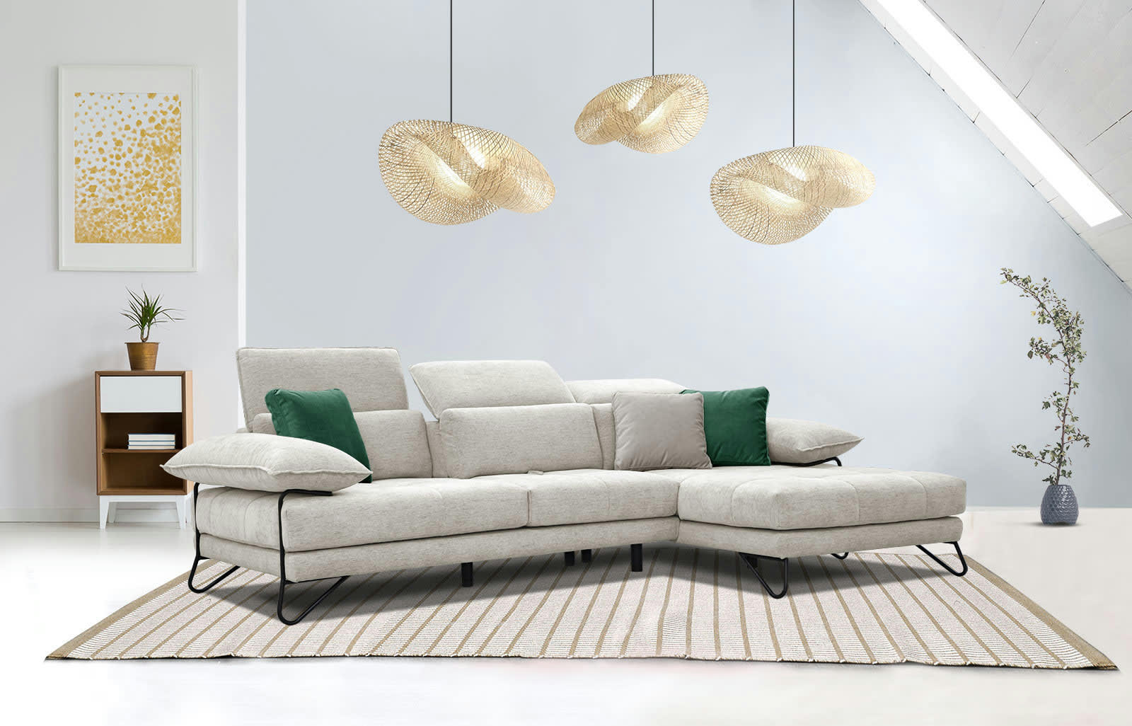 NORDEN - Canapé d'angle droit 4 places en tissu beige foncé avec coussins déco