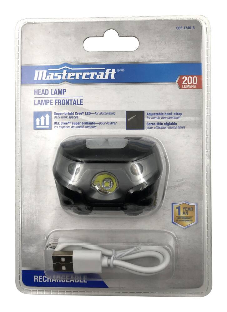 Mastercraft 200 Lumens Rechargeable CREE LED Headlight/Headlamp, Li-Ion Battery Included, Black