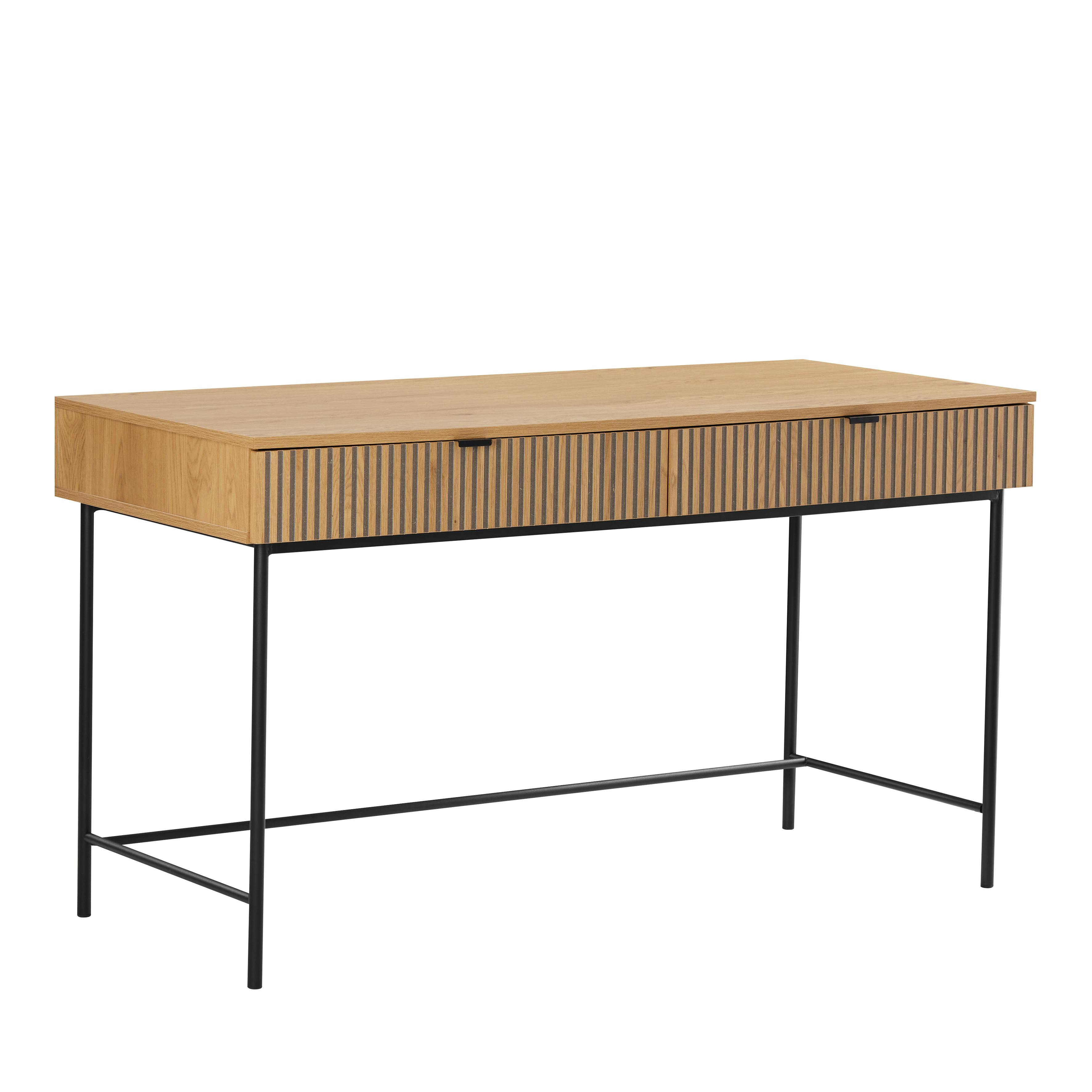 Bureau 2 tiroirs décor effet bois rainuré noir et naturel OLETTA