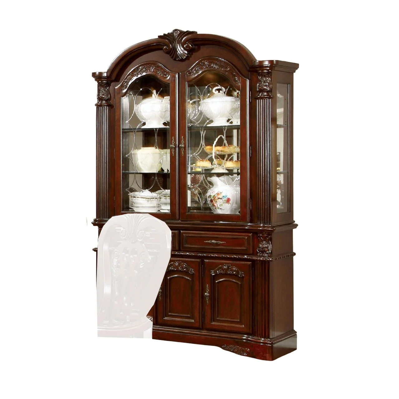 Mina China Buffet Cabinet with Hutch, Glass Doors, Cherry Brown Wood