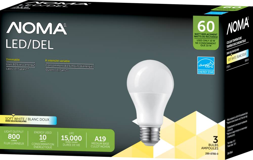 NOMA A19 E26 Base Dimmable LED Light Bulbs, 3000K, 800 Lumens, Soft White, 60W, 3-pk