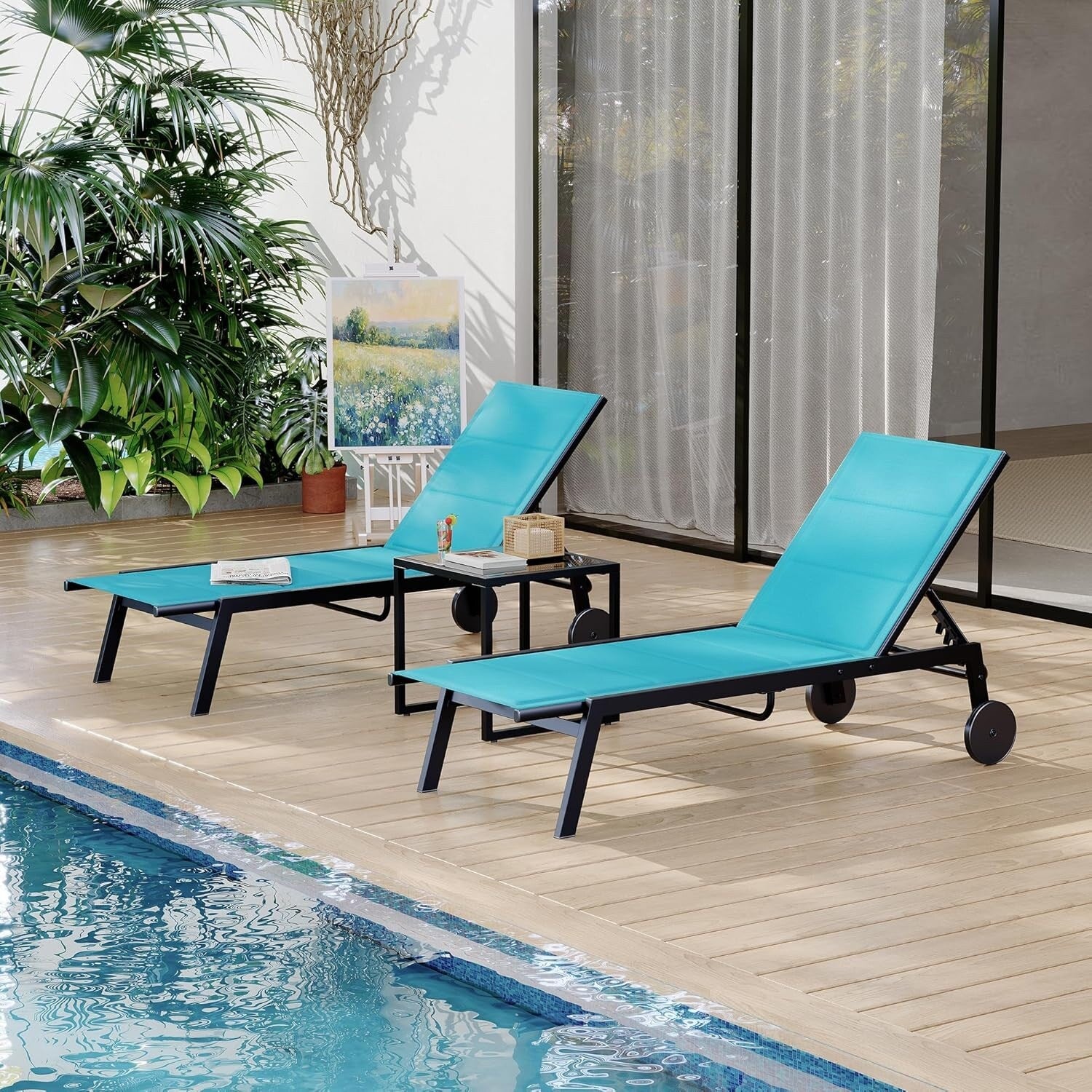 Adjustable Backrest Poolside Loungers Set of 3, Outdoor Lounge Chairs With Wheels