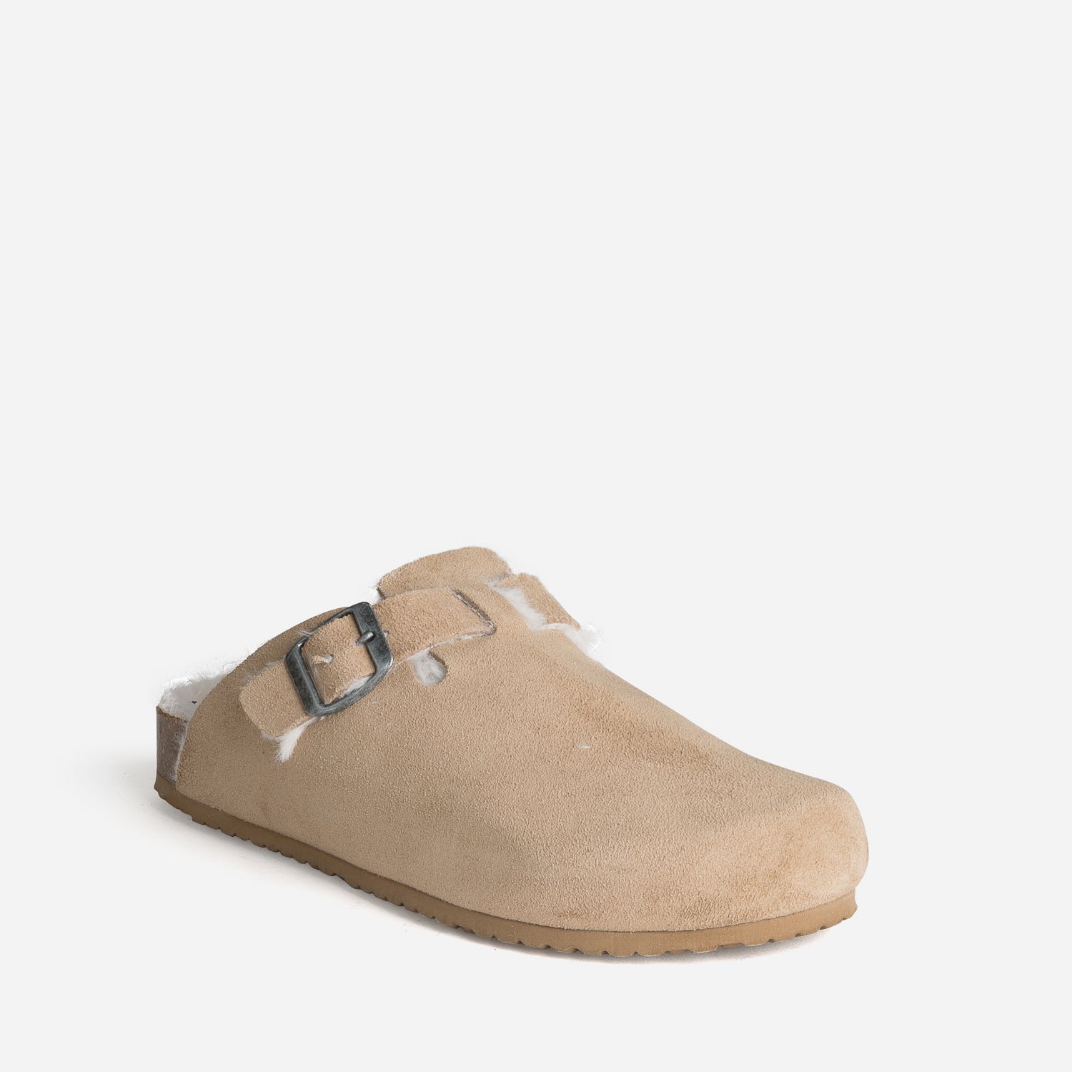 Mule-sabot beige cuir velours fourré