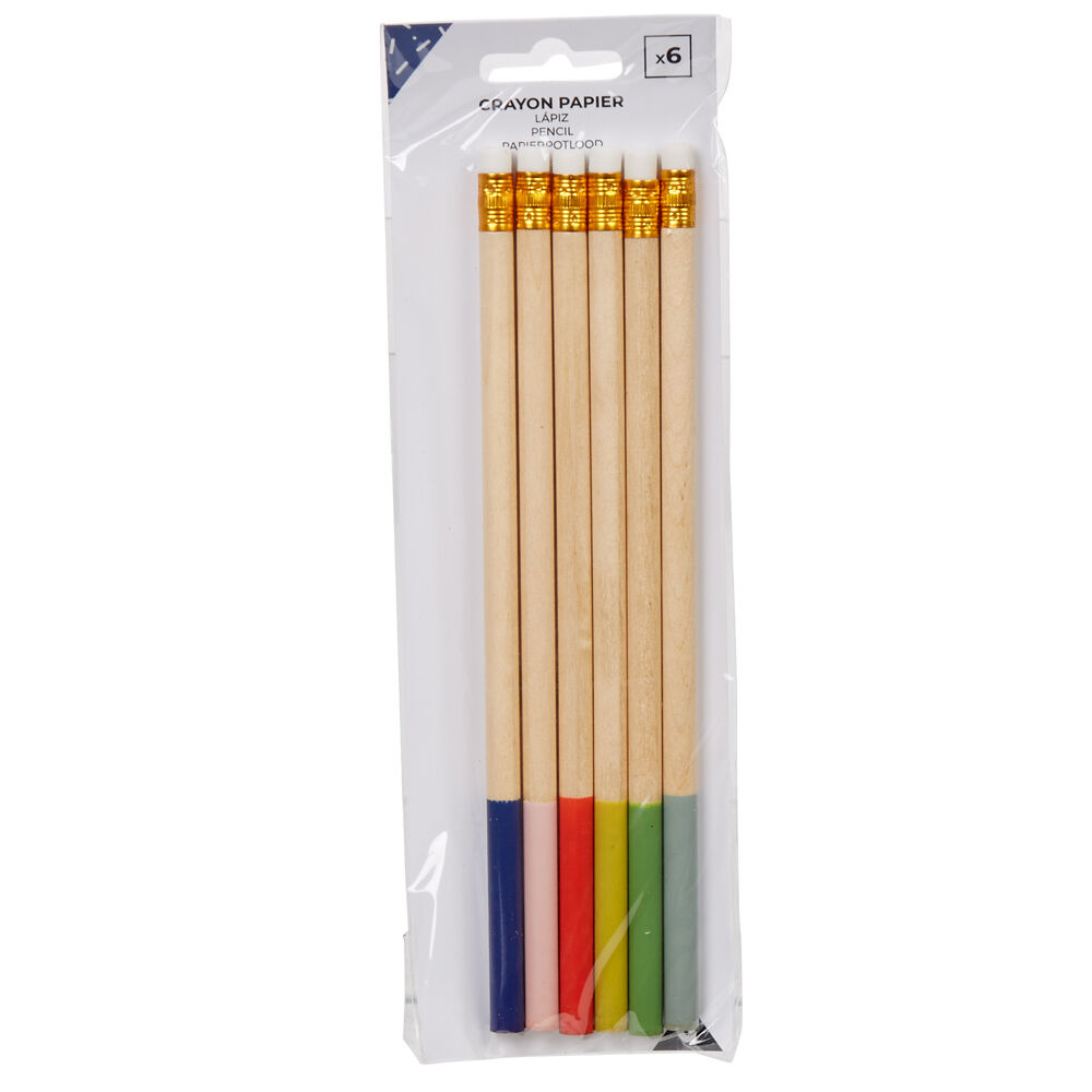 Crayon à papier bois multicolore avec gomme x6