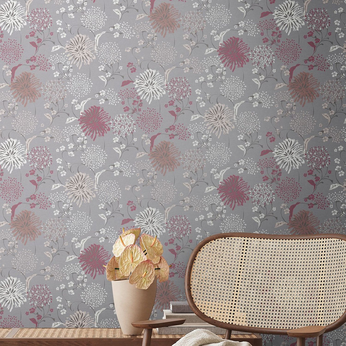 Livingwalls behang bloemmotief grijs, wit, rood en lila paars - 53 cm x 10.05 m - AS-389002