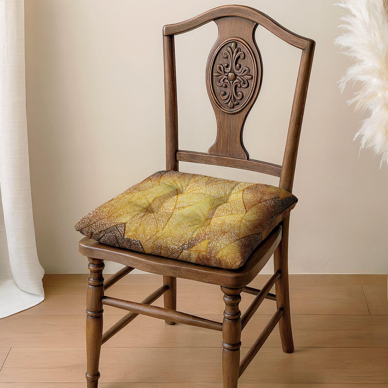 Fall Leaves Chair Pad - Quilted Linen Seat Cushion with Ties