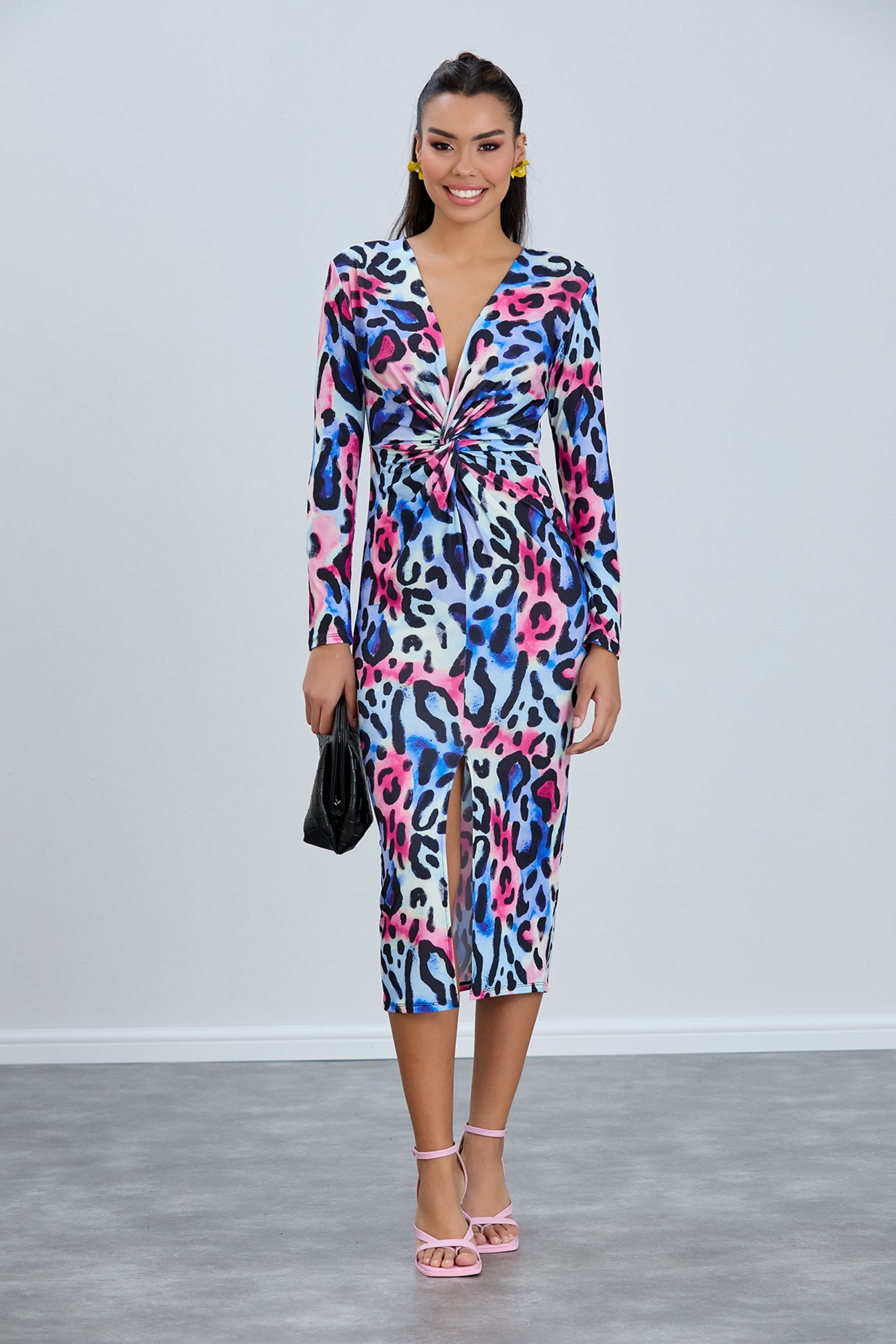 Belissh Leopard Print Twist Midi Dress with Long Sleeves