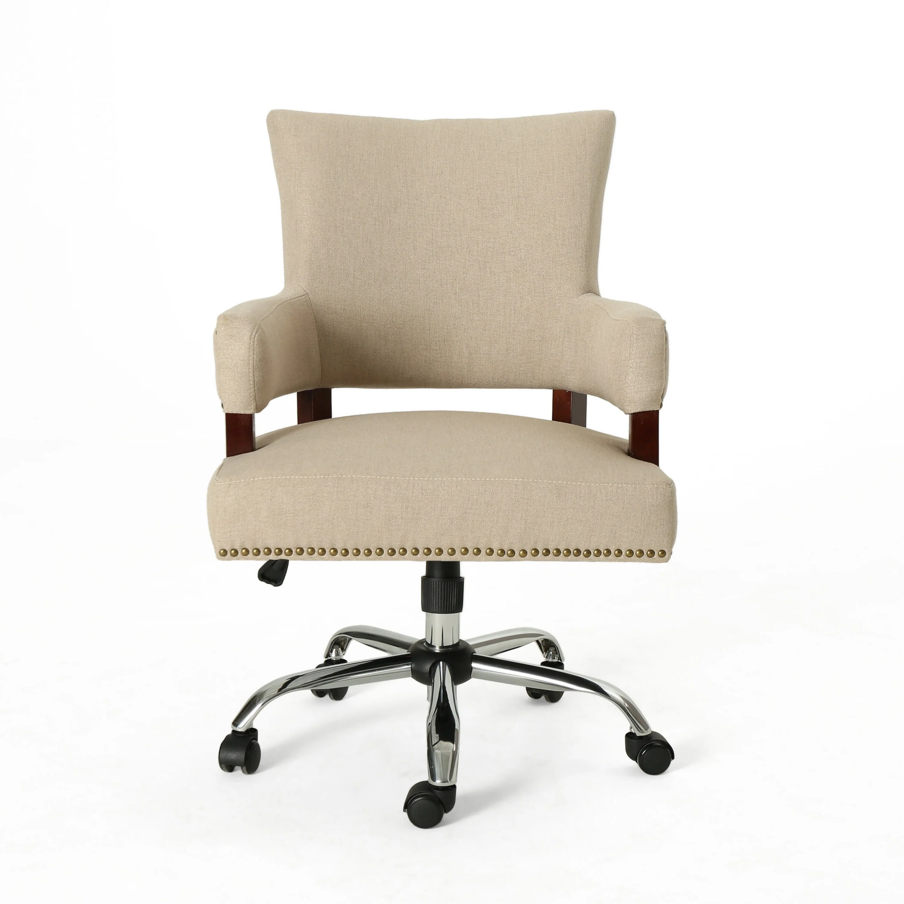 Lini Rolling Office Chair, Beige, Nailhead Trim, Swivel, Chrome Metal