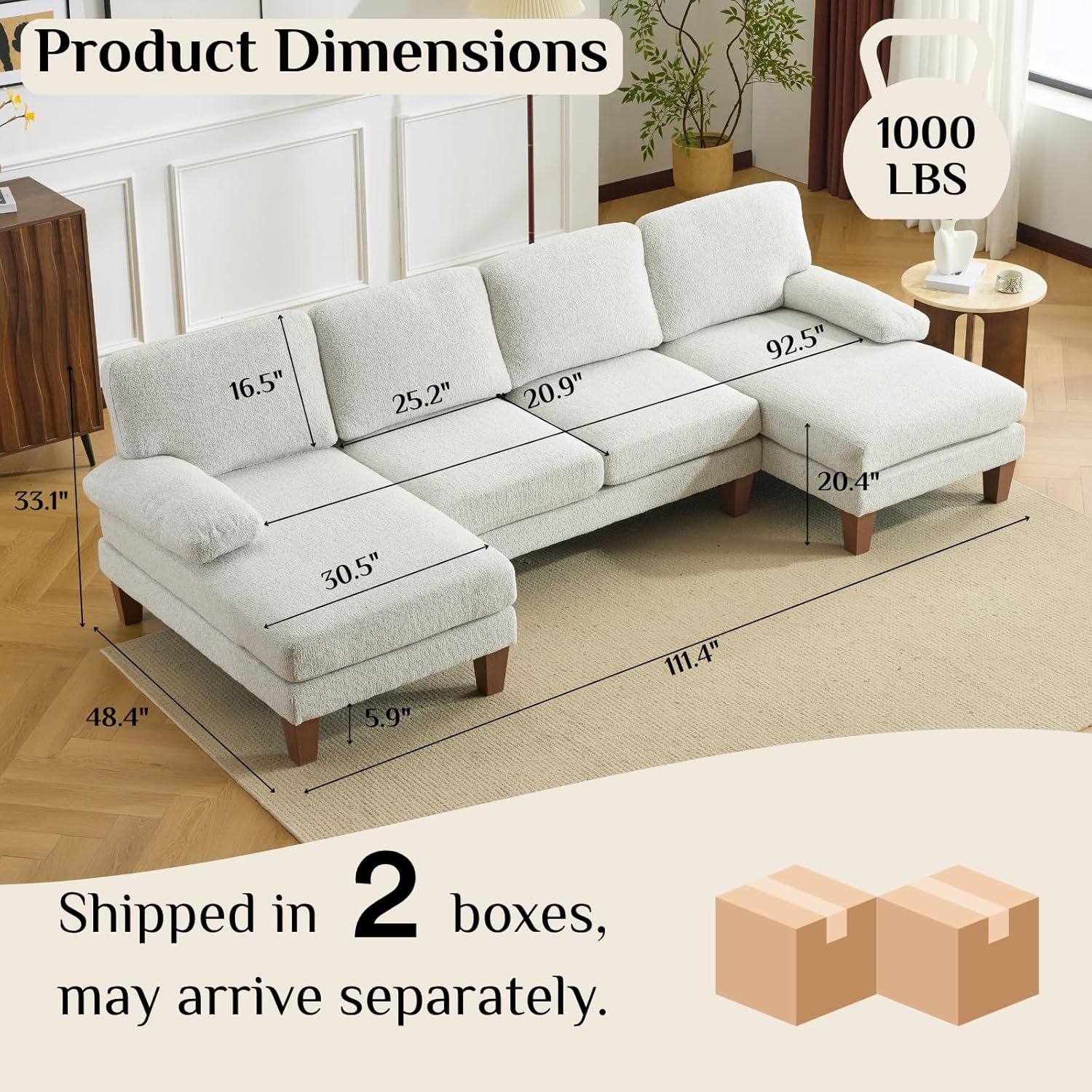 Karl home 110 U-Shape Sectional Couches for Living Room Chenille Upholstery 4 Seat Sofa Set with Double Chaises & Wood Grain Legs for Apartment, White