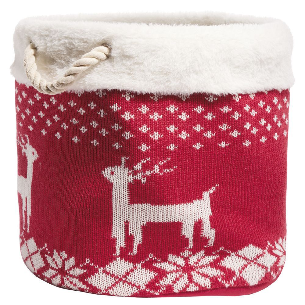 Panière de rangement style chaussette de No&euml;l rouge et blanc Ø35xH35cm