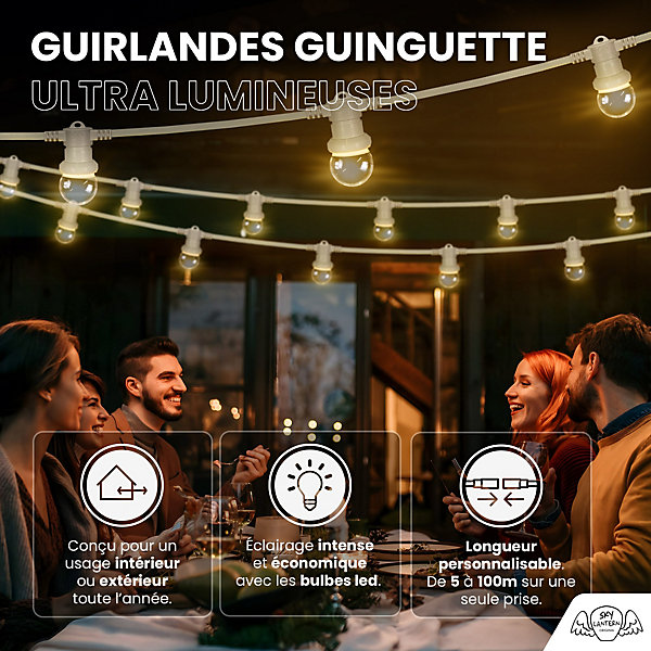 Kit Guirlande Guinguette 30m IP 65 Cable Blanc Bulbes Transparents Dimmables