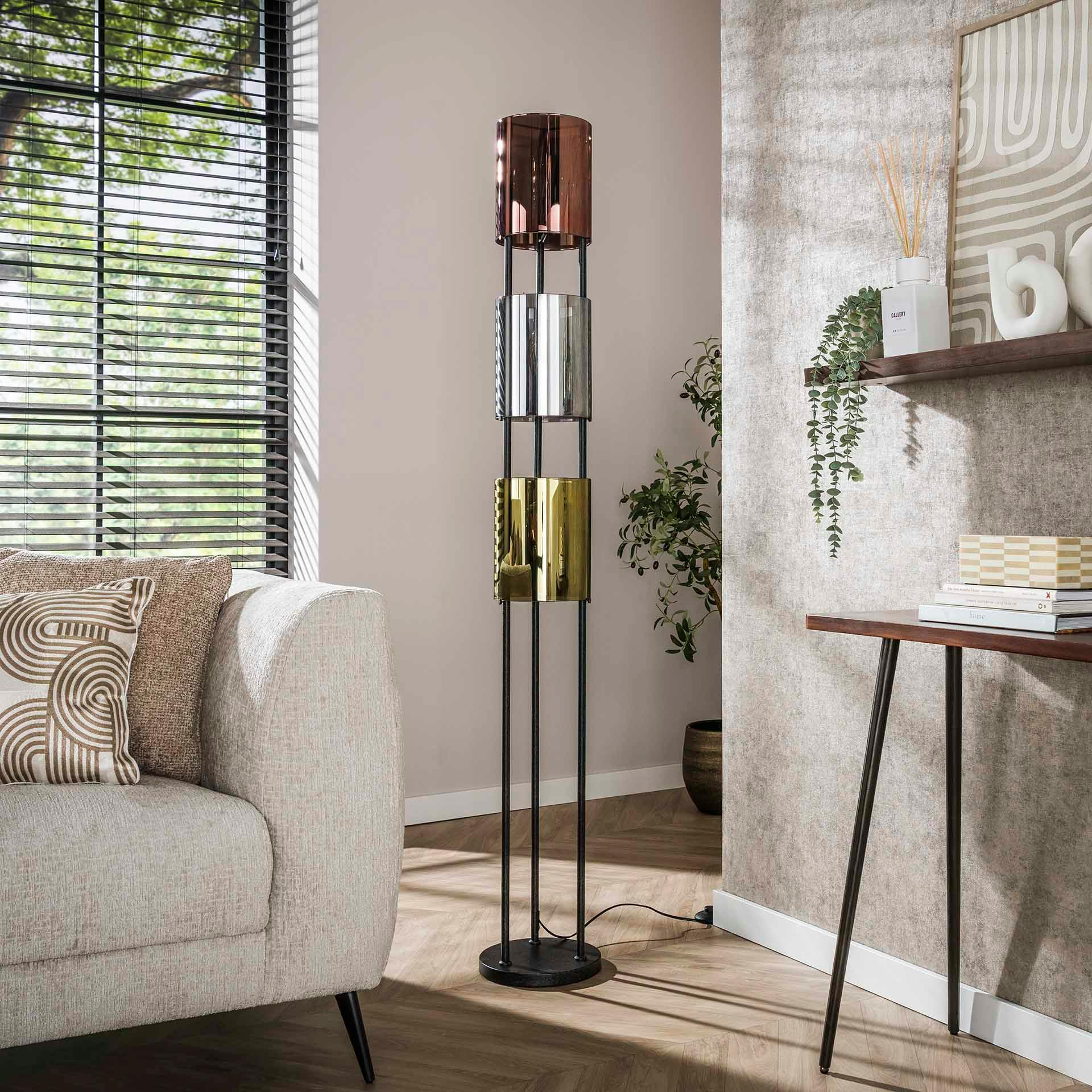 Lampadaire moderne tricolore, 3 abat-jour en verre NIAGARA