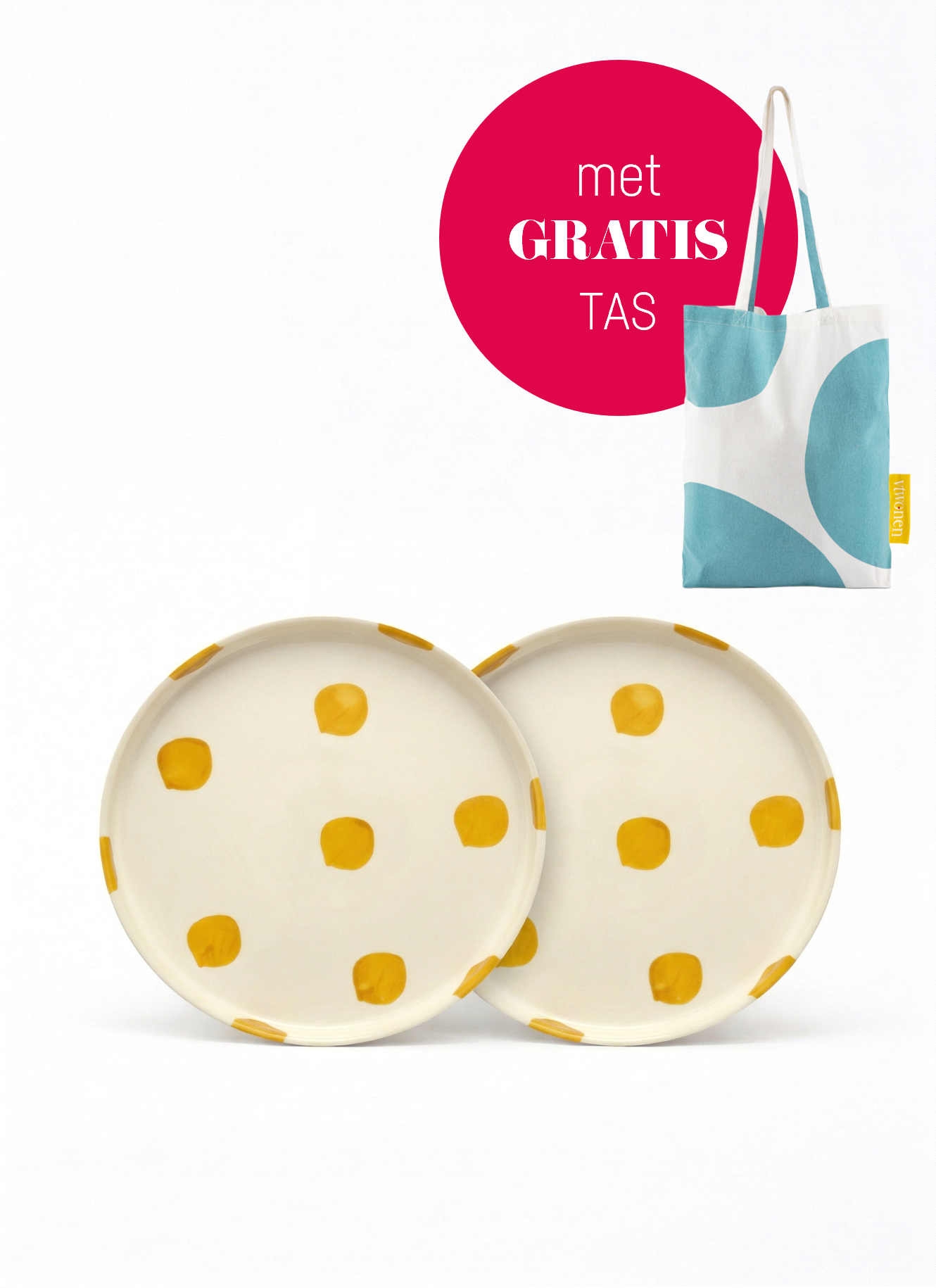 vtwonen - Lunchbord - Stippen - Geel - Set van 2 - Keramiek - 20cm