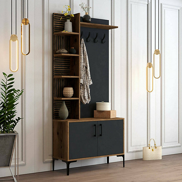 Meuble d'entrée Dghilard, Crochet d'entrée, Console de rangement multifonction, 90x35h200 cm, Noyer et Anthracite