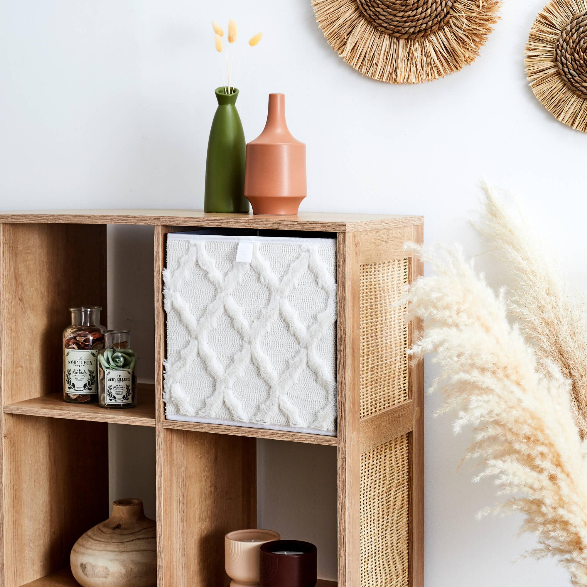Cube de rangement pliable, tissu tufté