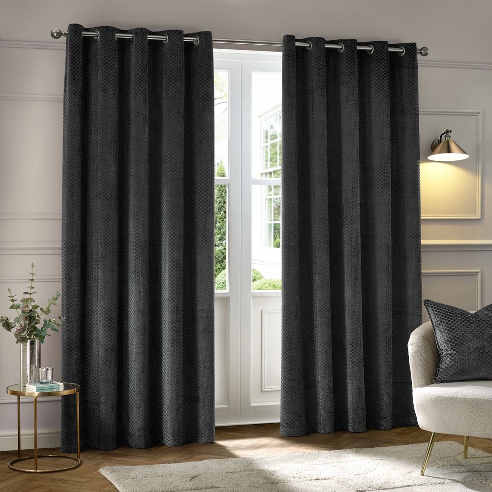 Paoletti Neptune Fully Lined Velvet Eyelet Curtain Pair
