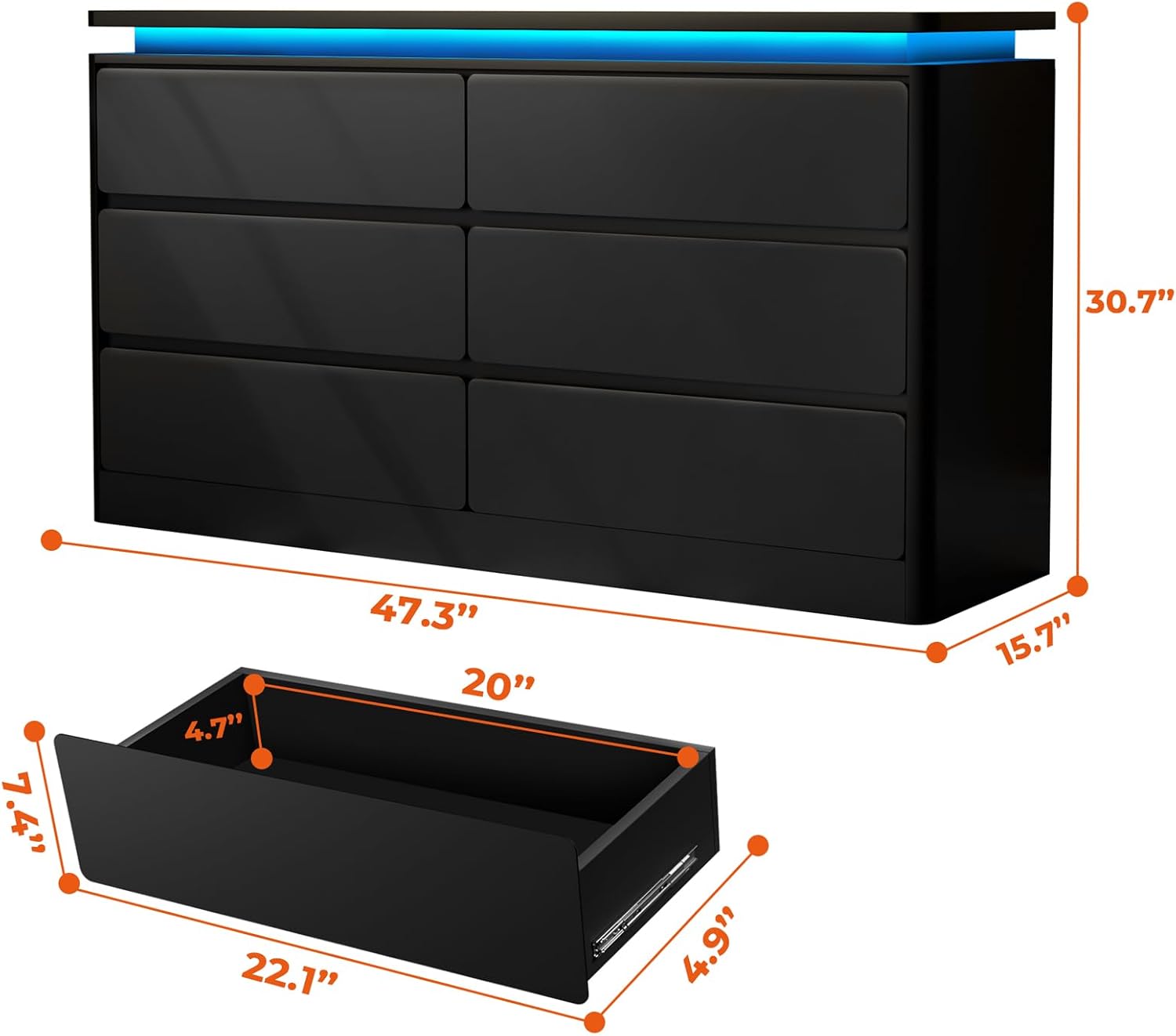 6 Drawer Dresser for Bedroom, 47.2 Long Black Chest of Drawers with Charging Station & LED Lights,Curved Profile Design,Double Wooden Closet Storage Cabinet,Modern Dresser TV Stand with Deep Drawers