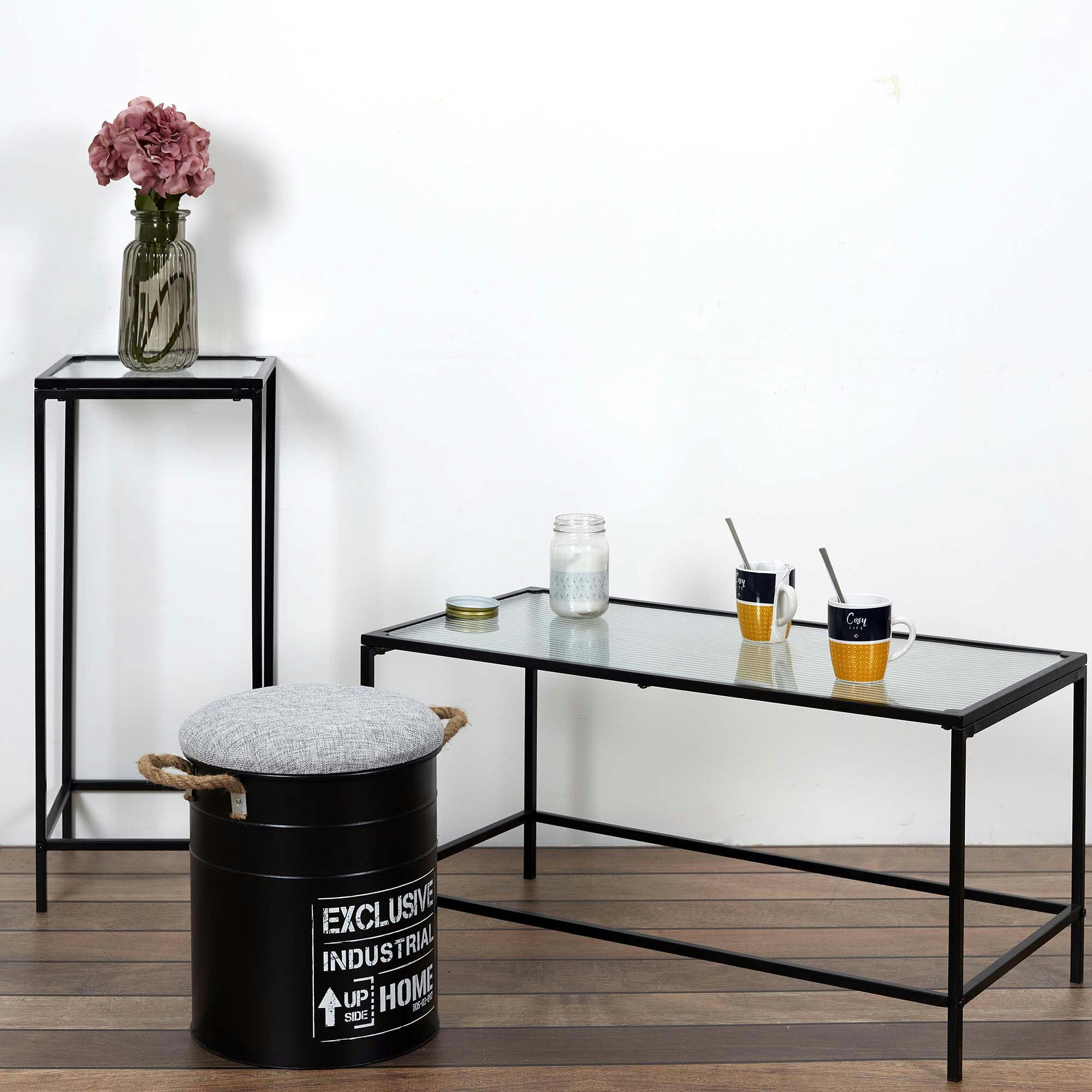 - Table basse plateau en verre texturé rosa
