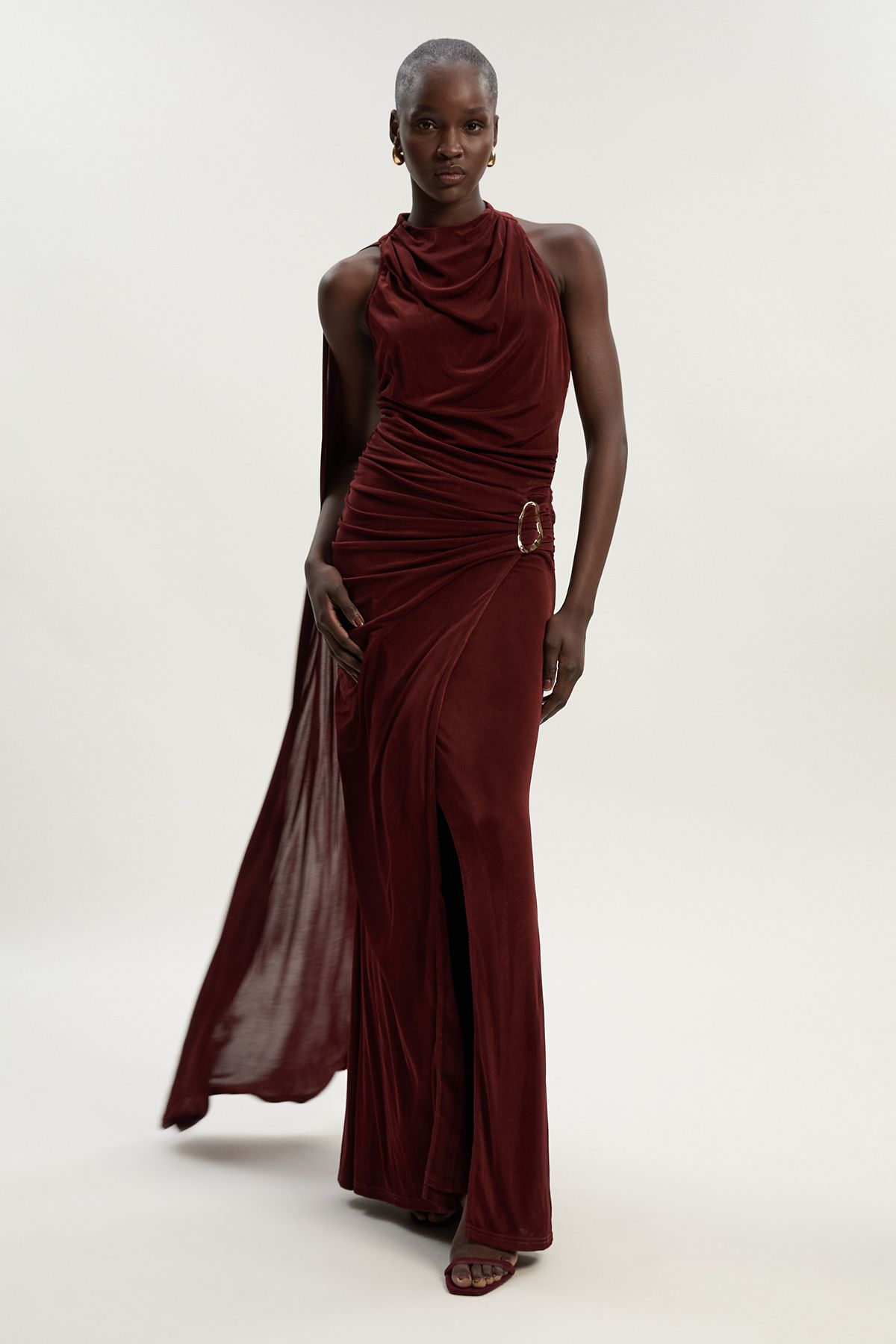 KarenMillen Premium Slinky Crepe High Neck Scarf Detail Maxi Dress