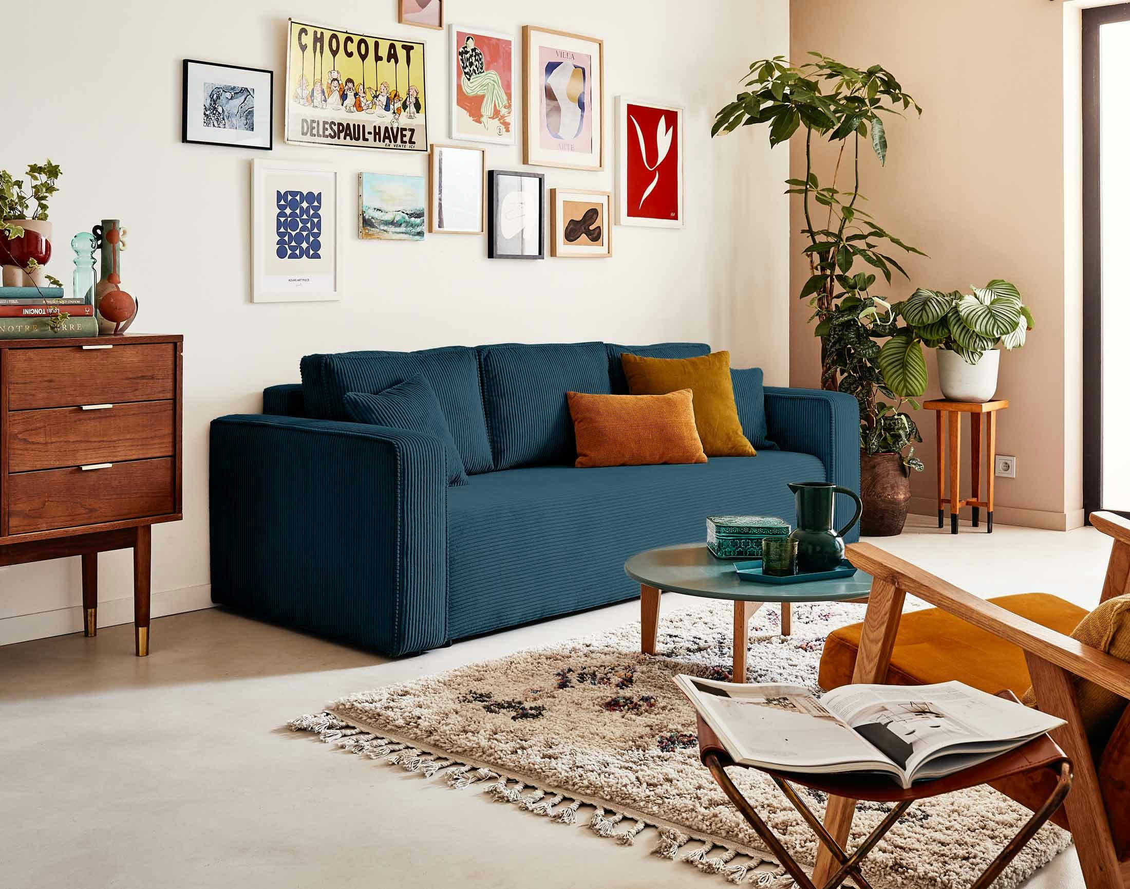 TOPAZE - Canapé droit convertible 3 places en velours côtelé bleu ardoise