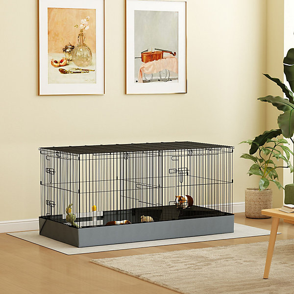 Cage pour cochon d'inde avec séparation 2 zones - plateforme observation, rampe, portes - acier noir PVC tissu gris