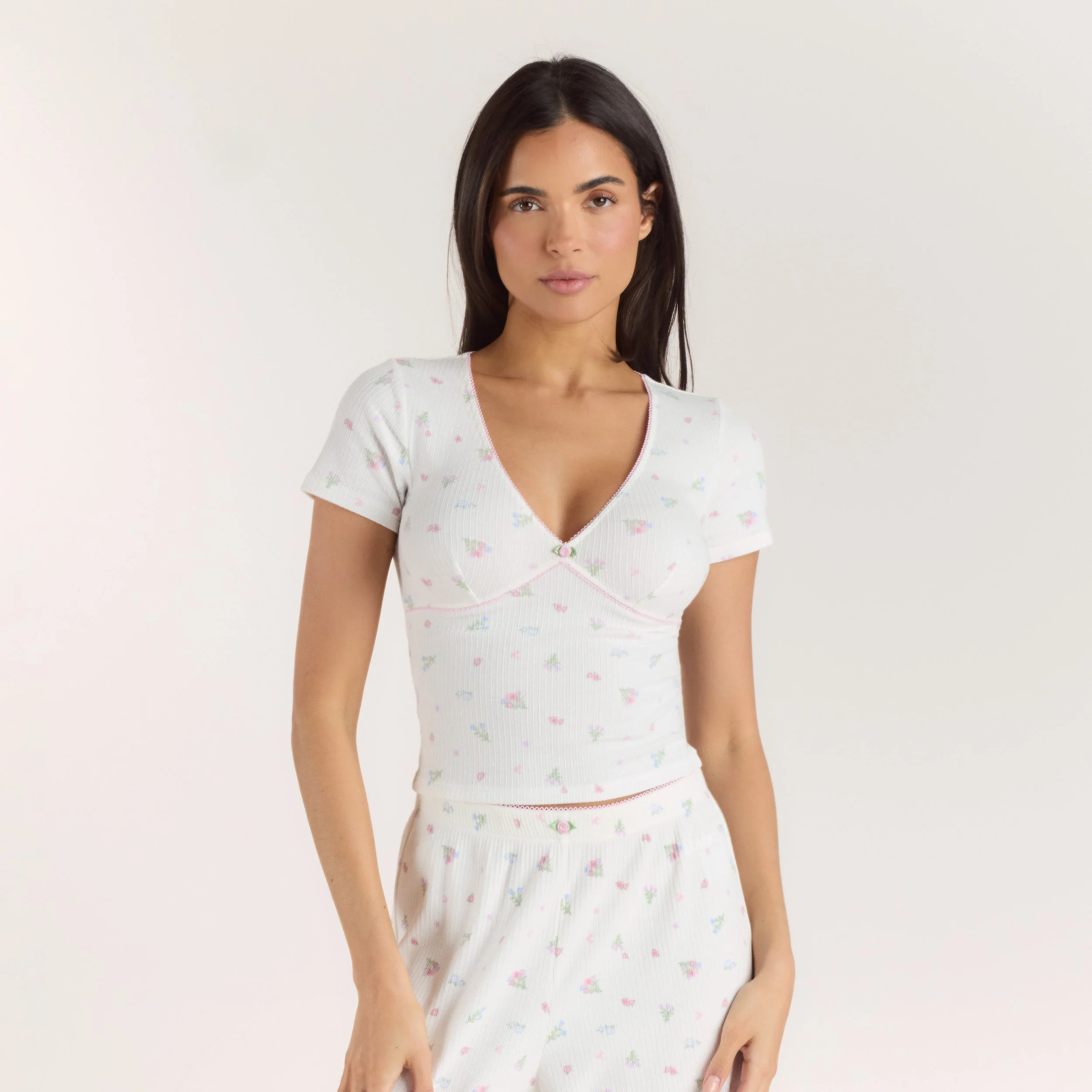 Ribbed Short-Sleeve Pyjama Top - White Floral