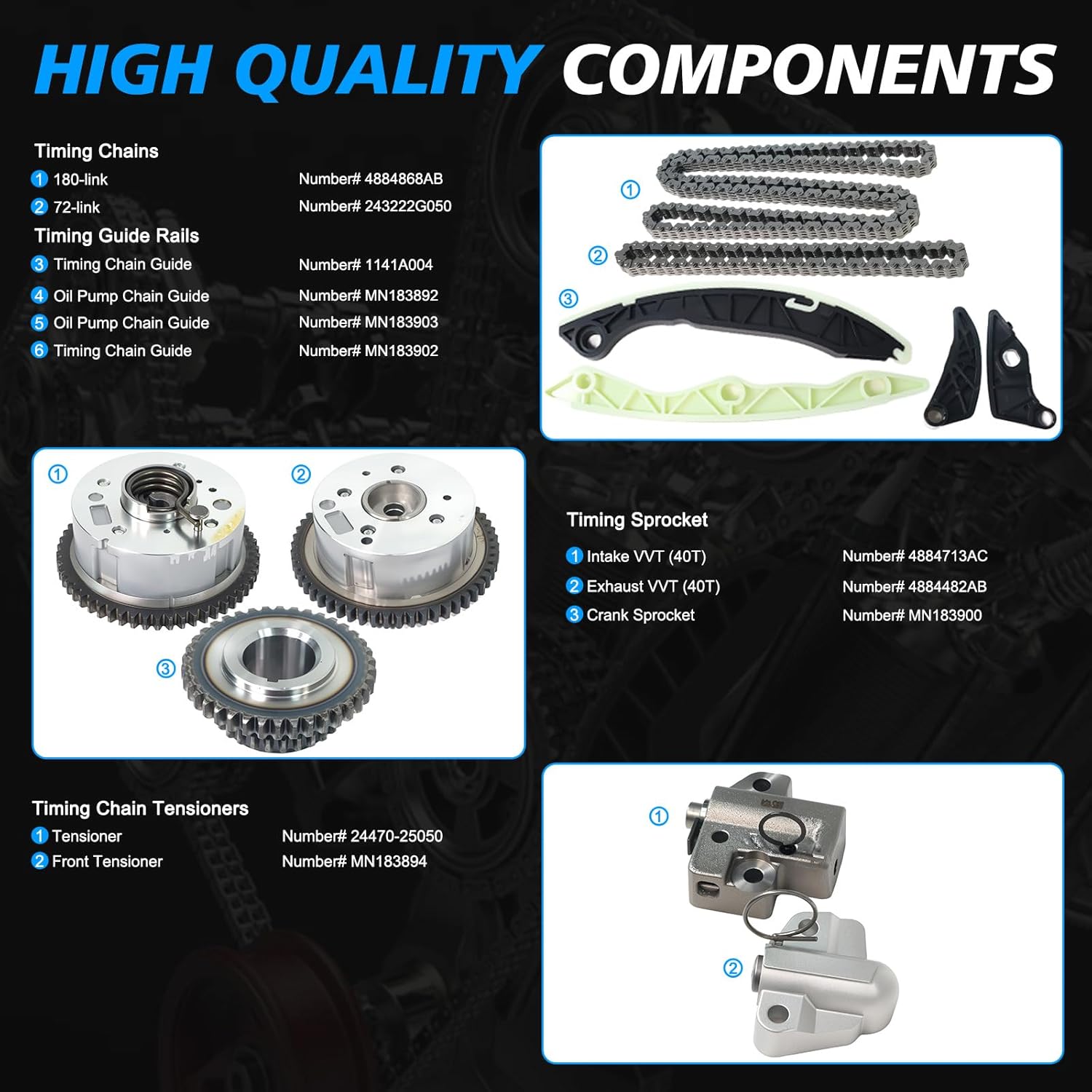 5047021AA Engine Timing Chain Kit with VVT Gear Sprocket FITS FOR 2011-2013 200, FOR 2010-2013 Journey, 2007-2009 Caliber, 2009 Caliber, FOR 2007-2013 Compass, 2007-2013 Patriot 1.8L 2.0L 2.4L