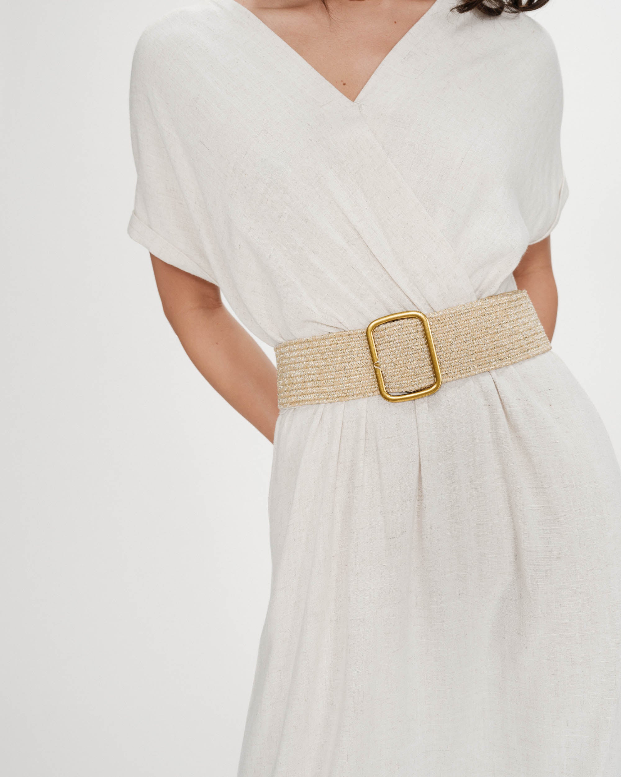 Ceinture tissée boucle carrée dorée sable Popcorn