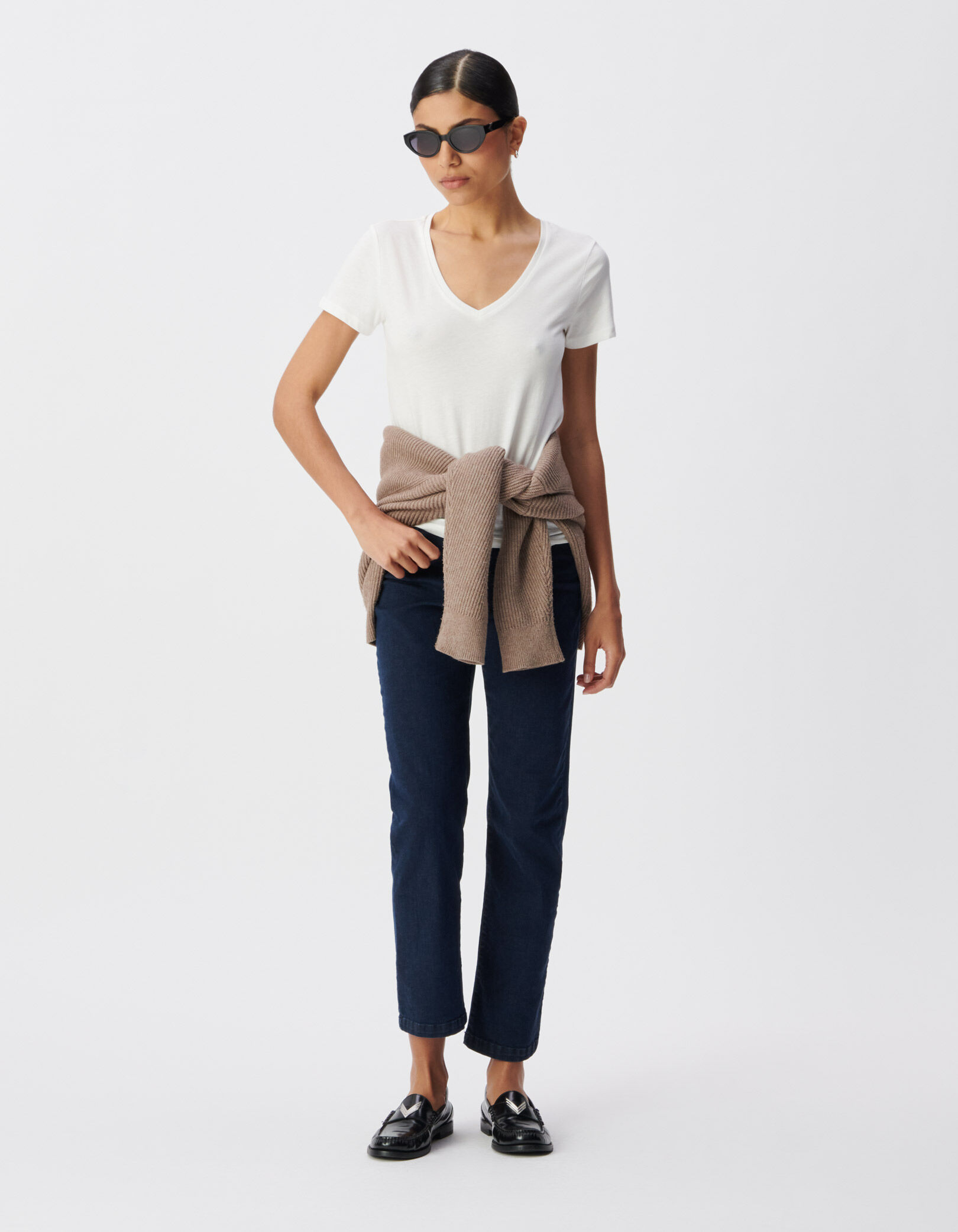 Tee-shirt encolure V blanc broderie chevrons dos Femme