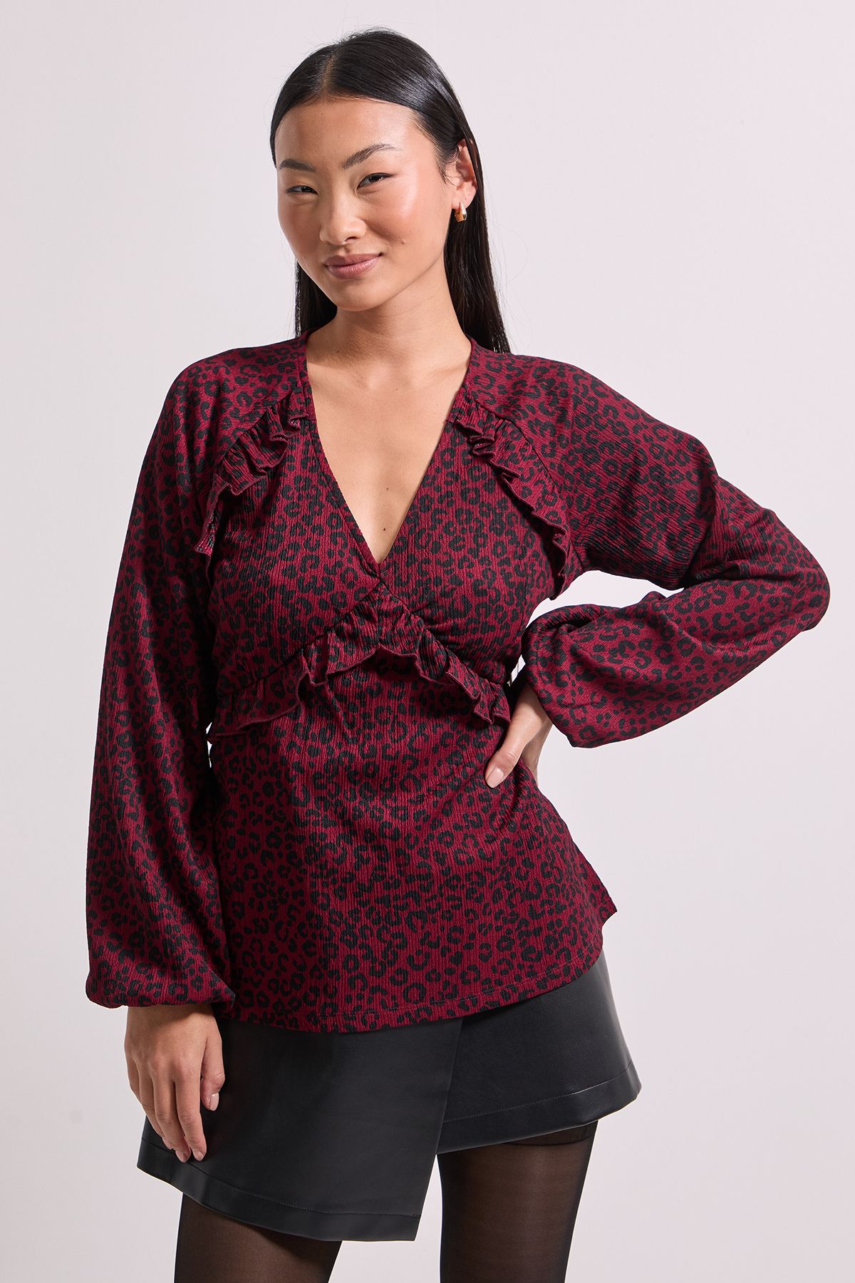 Dorothy Perkins Petite Berry Animal Empire Seam Frill Detail Printed Jersey Top