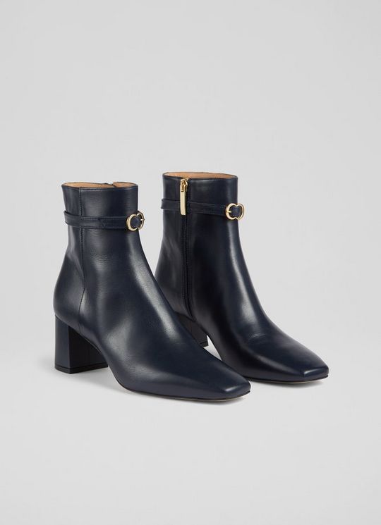 Natalia Navy Leather Ankle Boots