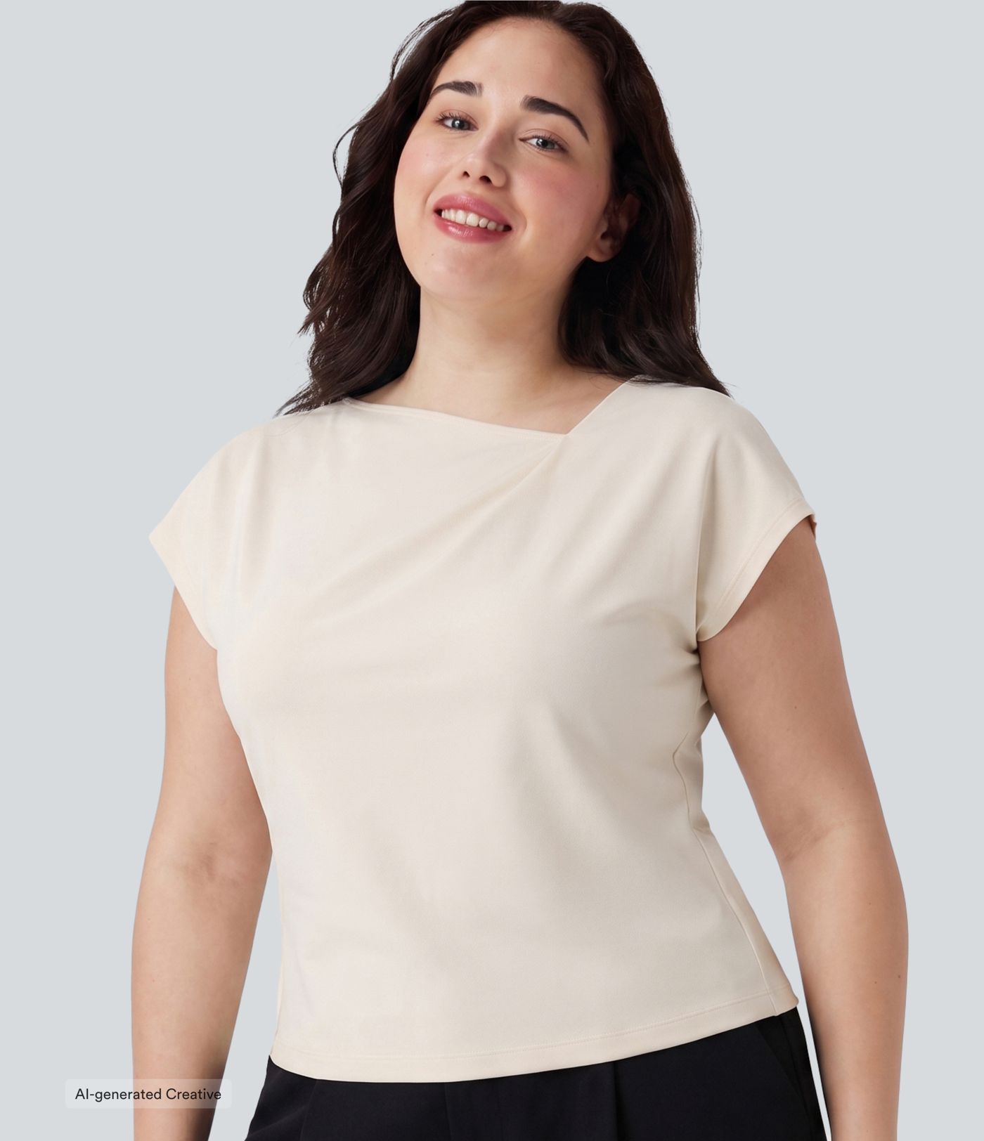 Blouse de bureau grande taille asymétrique à col bénitier, manches courtes, fronces et ourlet fendu