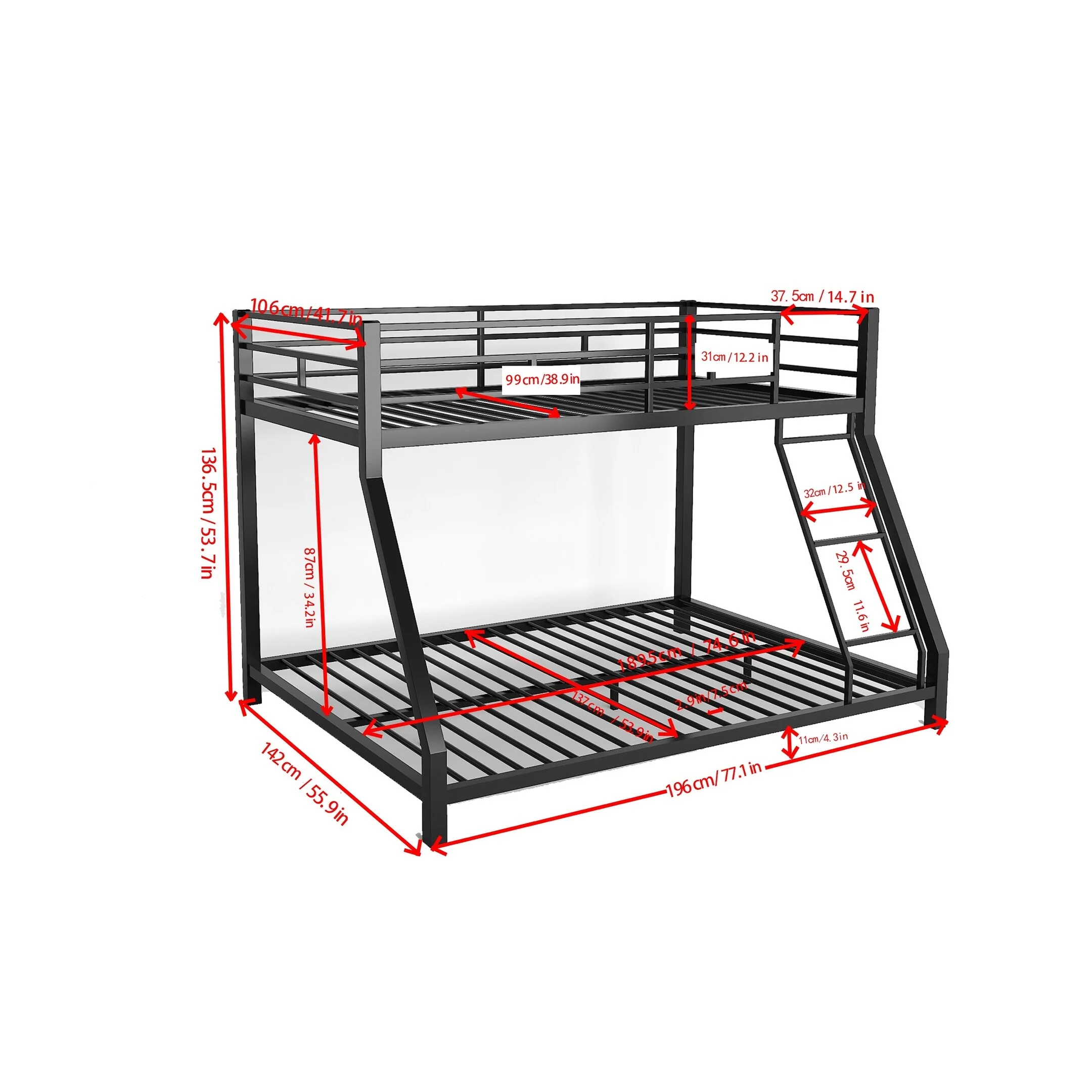 Contemporary Design Metal Twin XL Full Bunk Bed for Kids and Adults