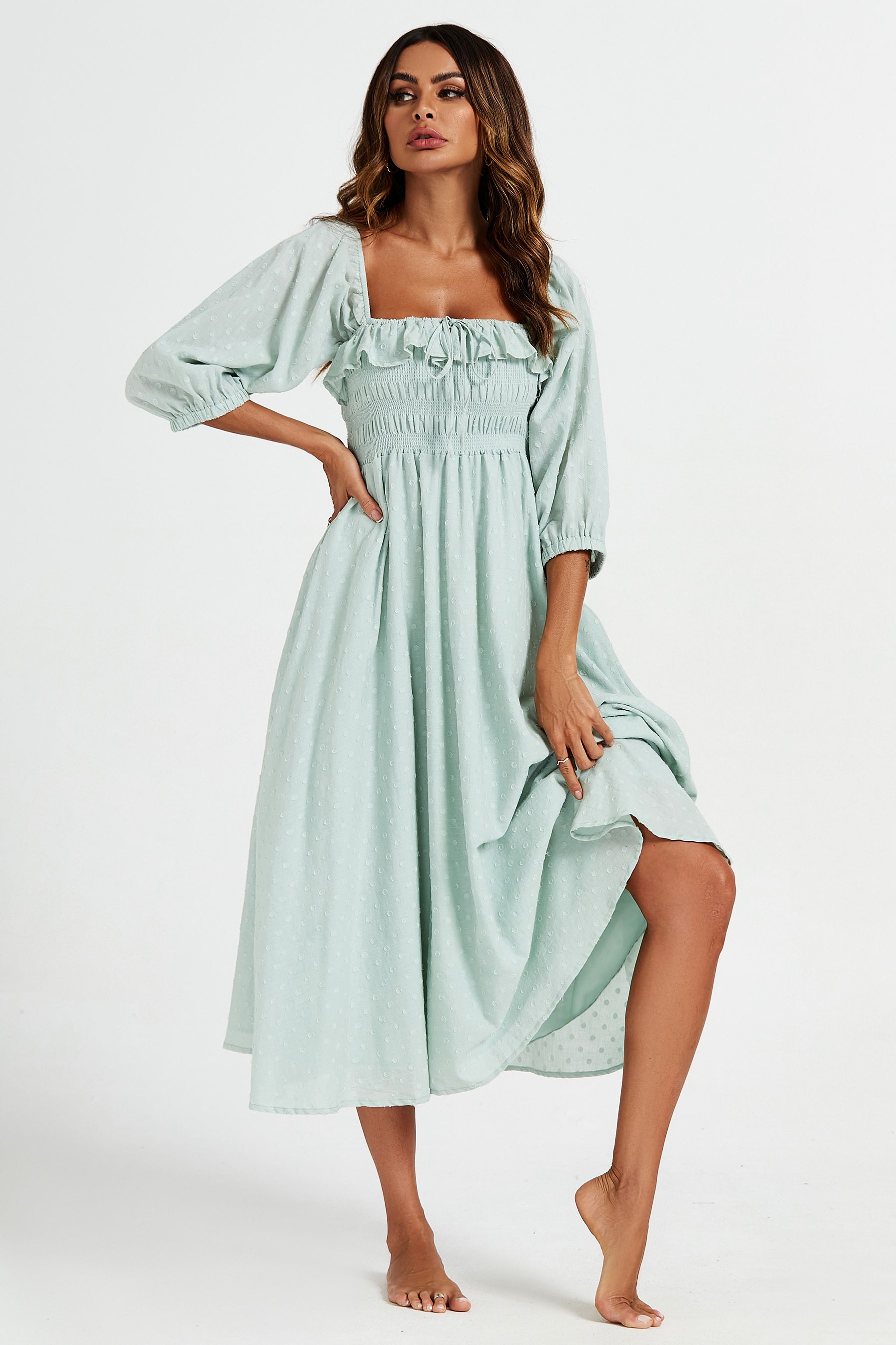 FS Collection Frill Detail Square Neckline Midi Dress In Light Green