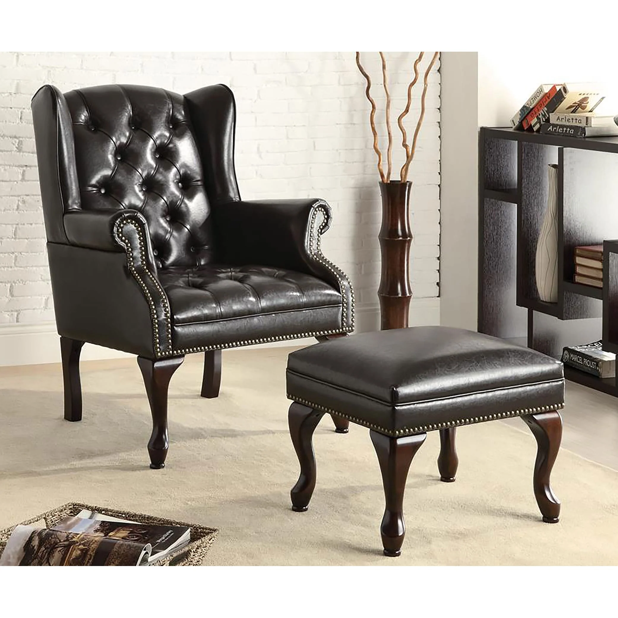 Roberts Upholstered Wingback Chair and Ottoman Set Black